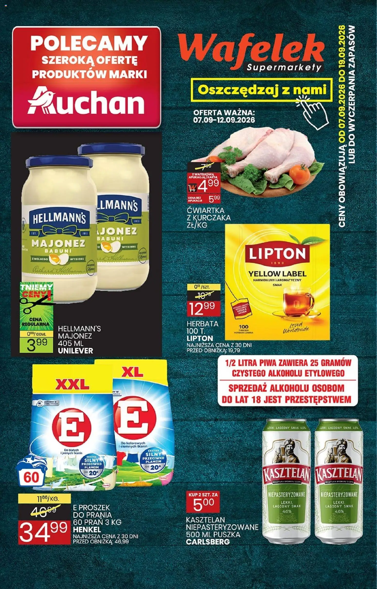 Wafelek gazetka od 07.09.2026 | Strona: 1 | Produkty: Carlsberg, Wafelek, Ćwiartka z kurczaka, Majonez