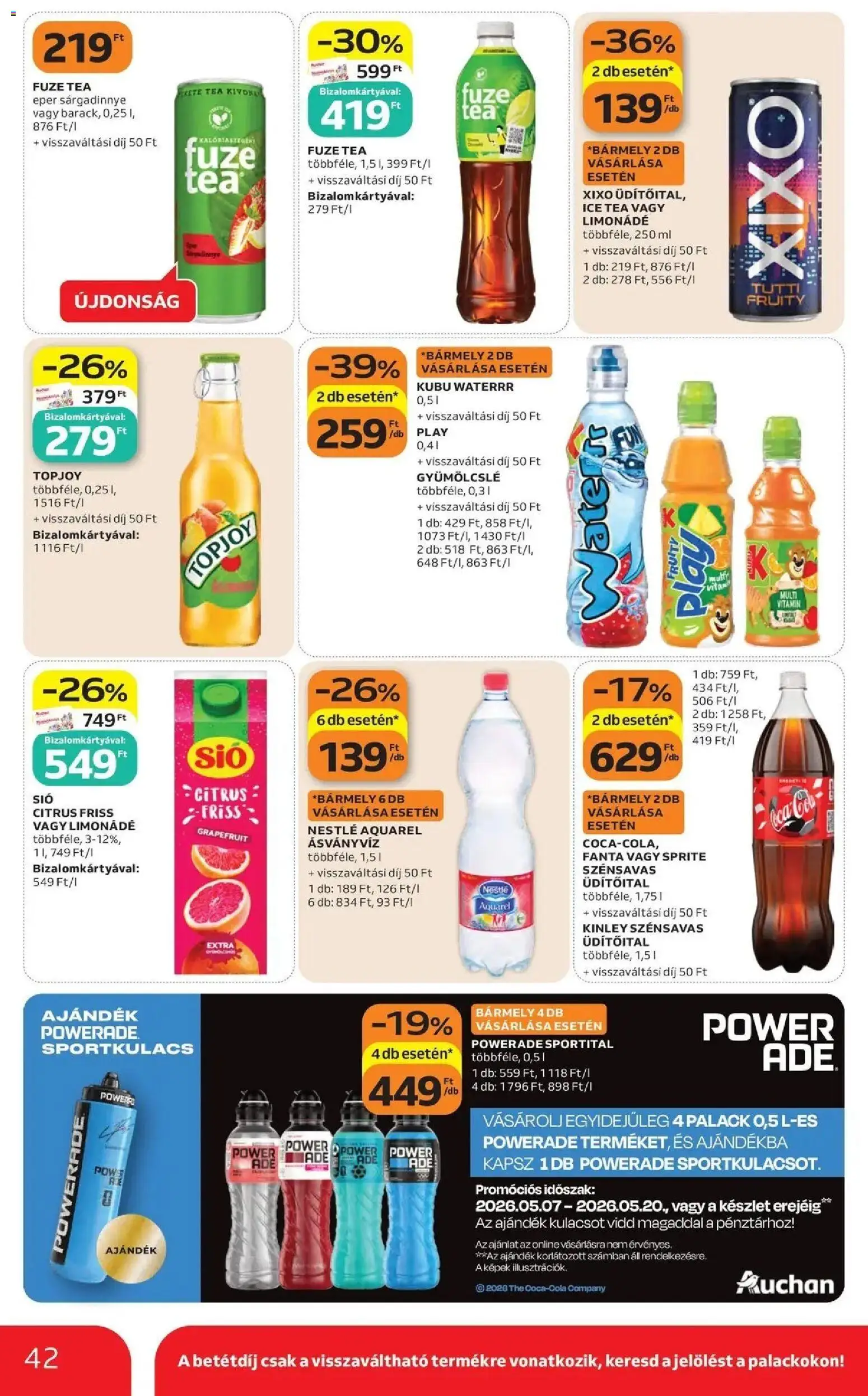 Auchan akciós ujság - amely érvényes a következő dátumtól: 07.05.2026 | Oldal: 42 | Termékek: Fanta, Limonádé, Tea, Eper