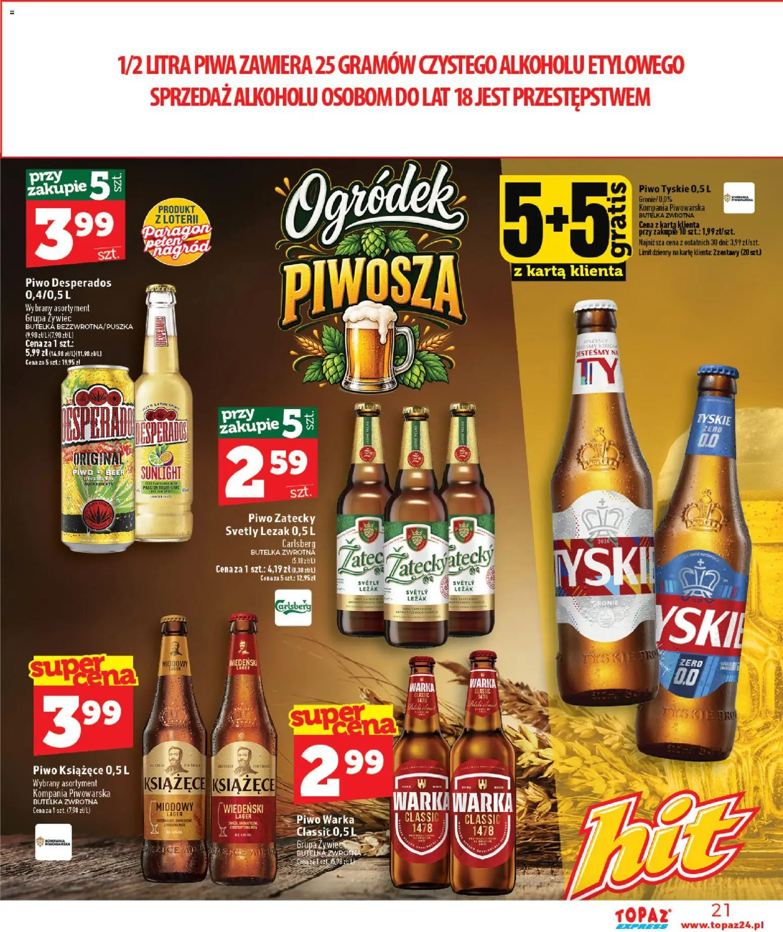 Topaz gazetka - Express od 17.09.2026 | Strona: 21 | Produkty: Piwo książęce, Leżak, Warka, Piwo zatecky