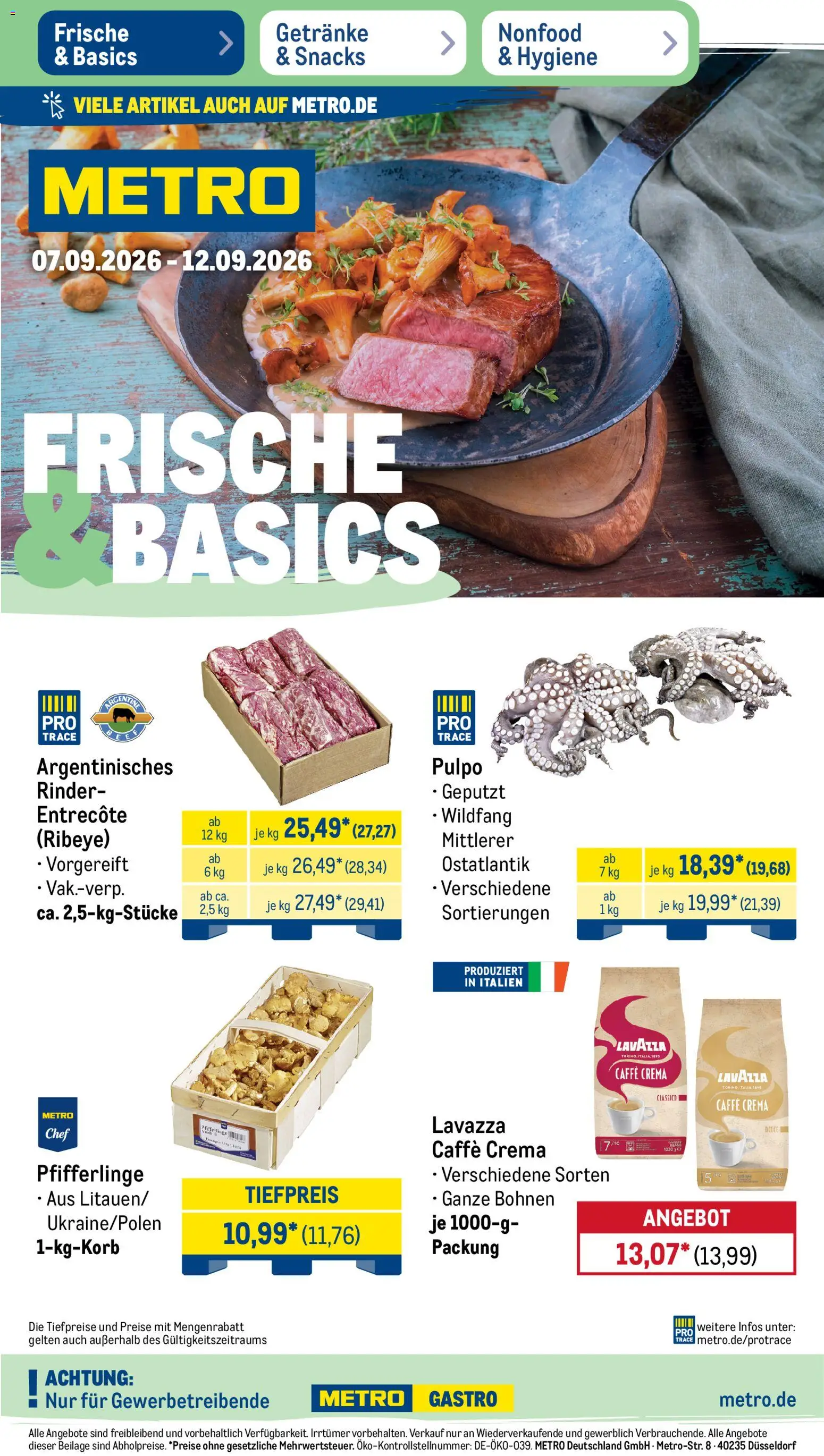 Metro Prospekt – gültig ab 07.09.2026 | Seite: 1 | Produkte: Lavazza, Entrecote, Pfifferlinge