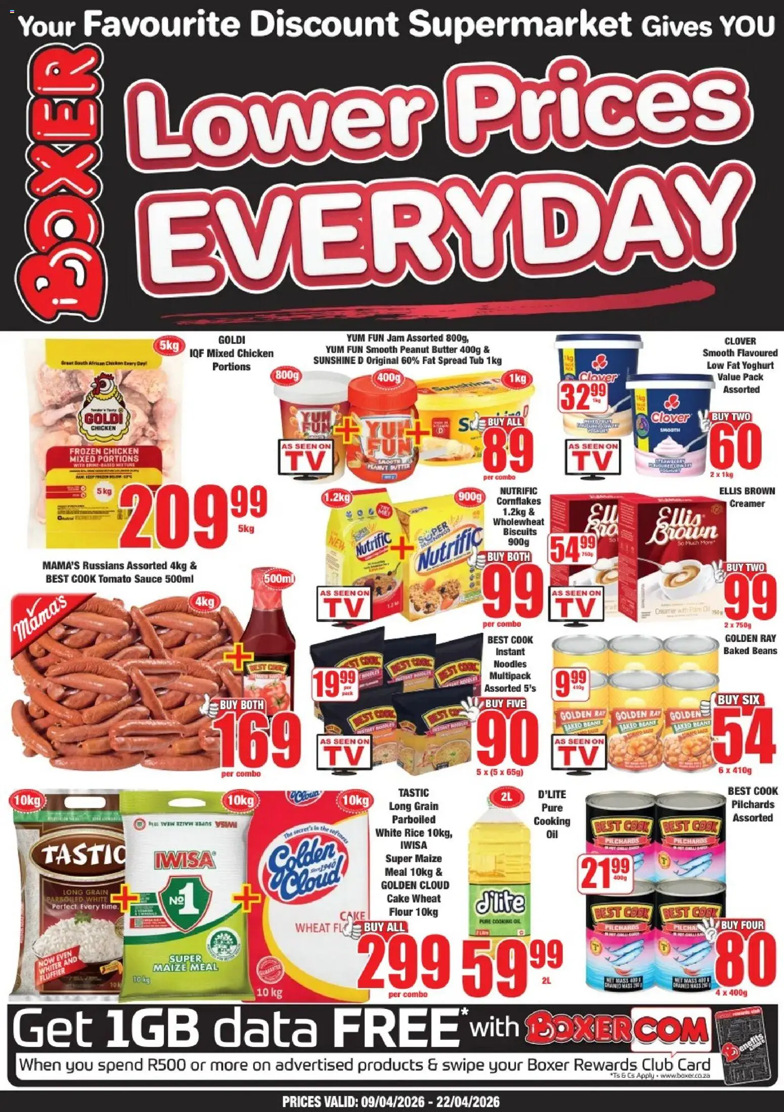 New Boxer catalogue – valid from 09.04.2026 | Page: 1 | Products: Biscuits, Rice, Noodles, Fat spread