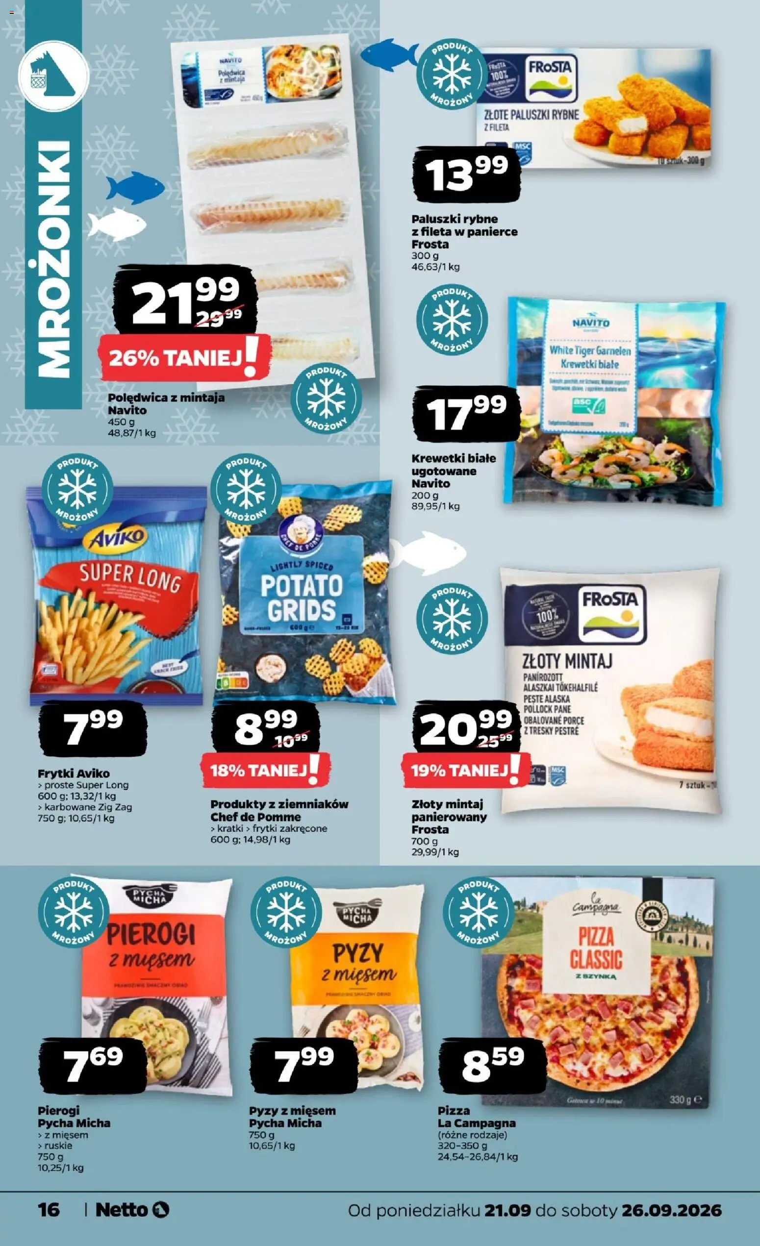Netto gazetka od poniedziałku od 21.09.2026 | Strona: 16 | Produkty: Pierogi, Pyzy z mięsem, Polędwica z mintaja, Krewetki białe