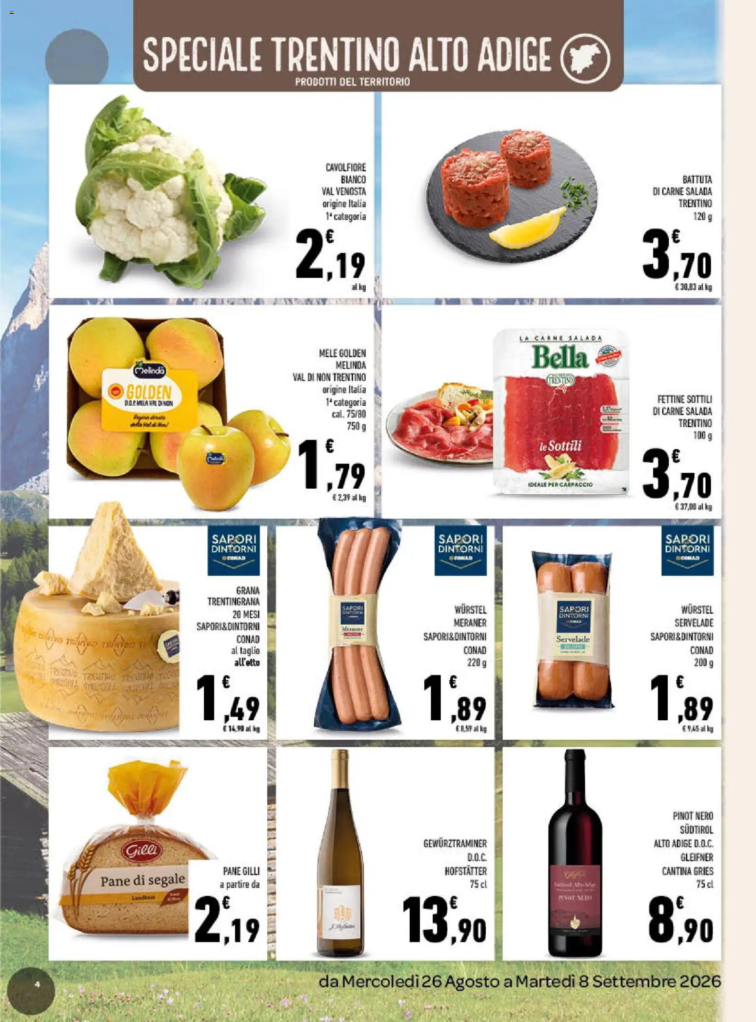 Volantino Conad del 26/08/2026 | Pagina: 4 | Prodotti: Pane, Taglio, Wurstel, Carne