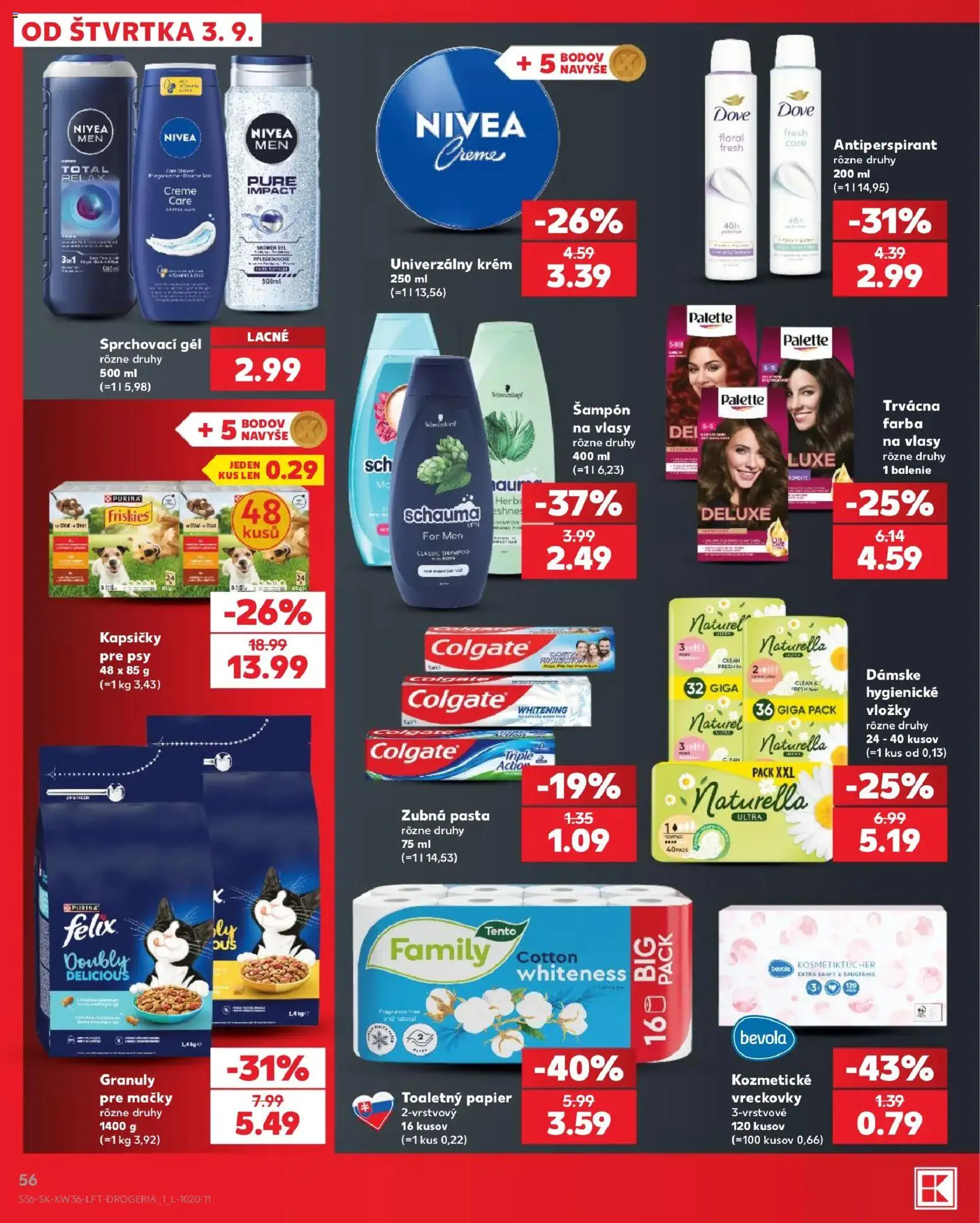 Nové Kaufland akcie – leták je platný od 03.09.2026 | Strana: 56 | Produkty: Friskies, Šampón, Antiperspirant, Zubná pasta