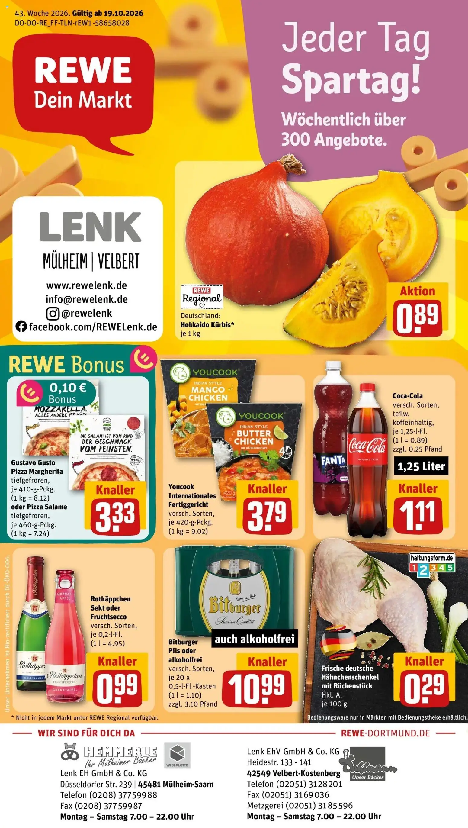 REWE Prospekt ab 19.10.2026 zum Blättern » Angebote | Seite: 1 | Produkte: Cola, Pils, Mango, Pizza