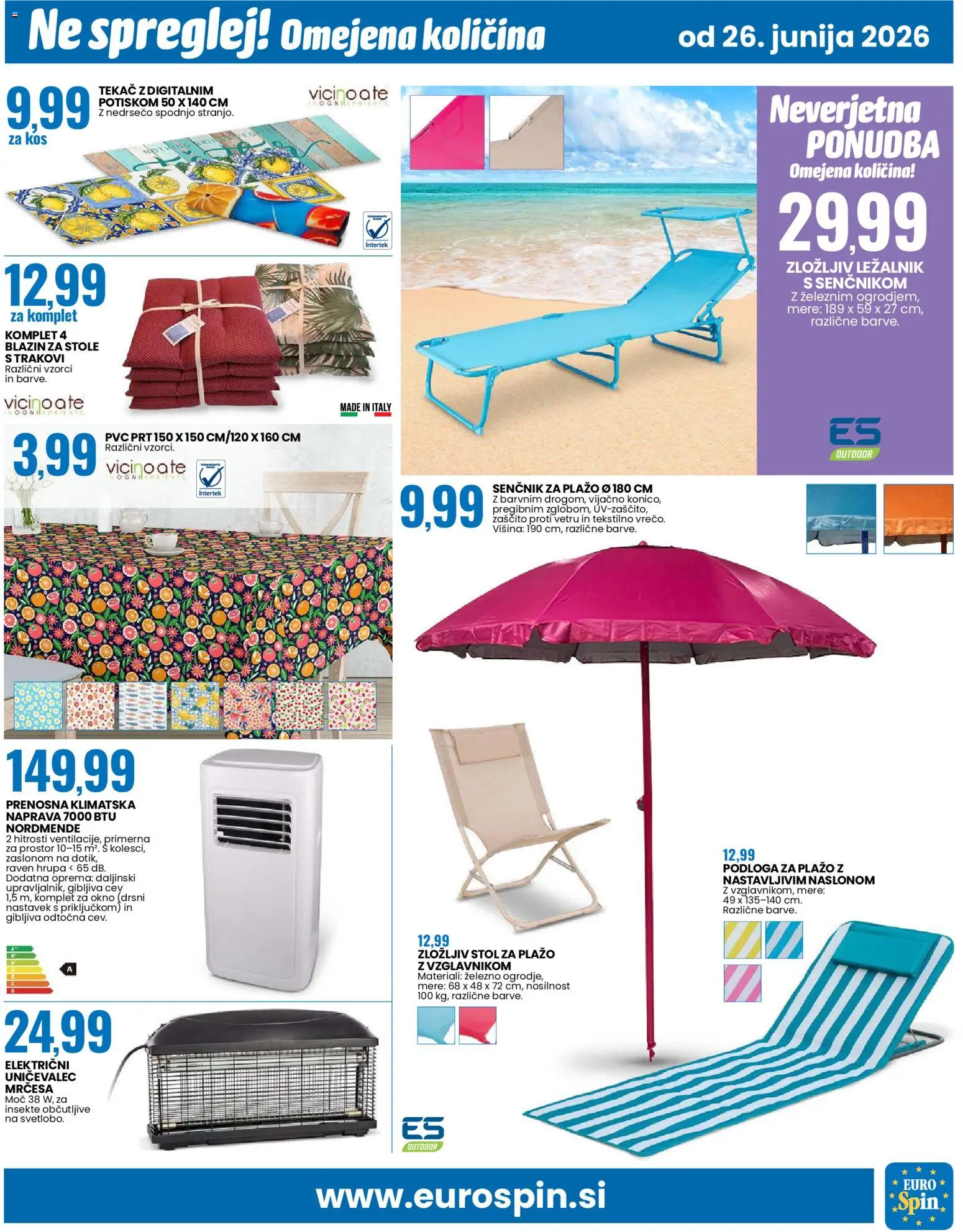 Novi Eurospin katalog ponudbe – veljaven od 26.06.2026 | Stran: 15 | Izdelki: Ležalnik, Tekač, Stol, Uničevalec mrčesa