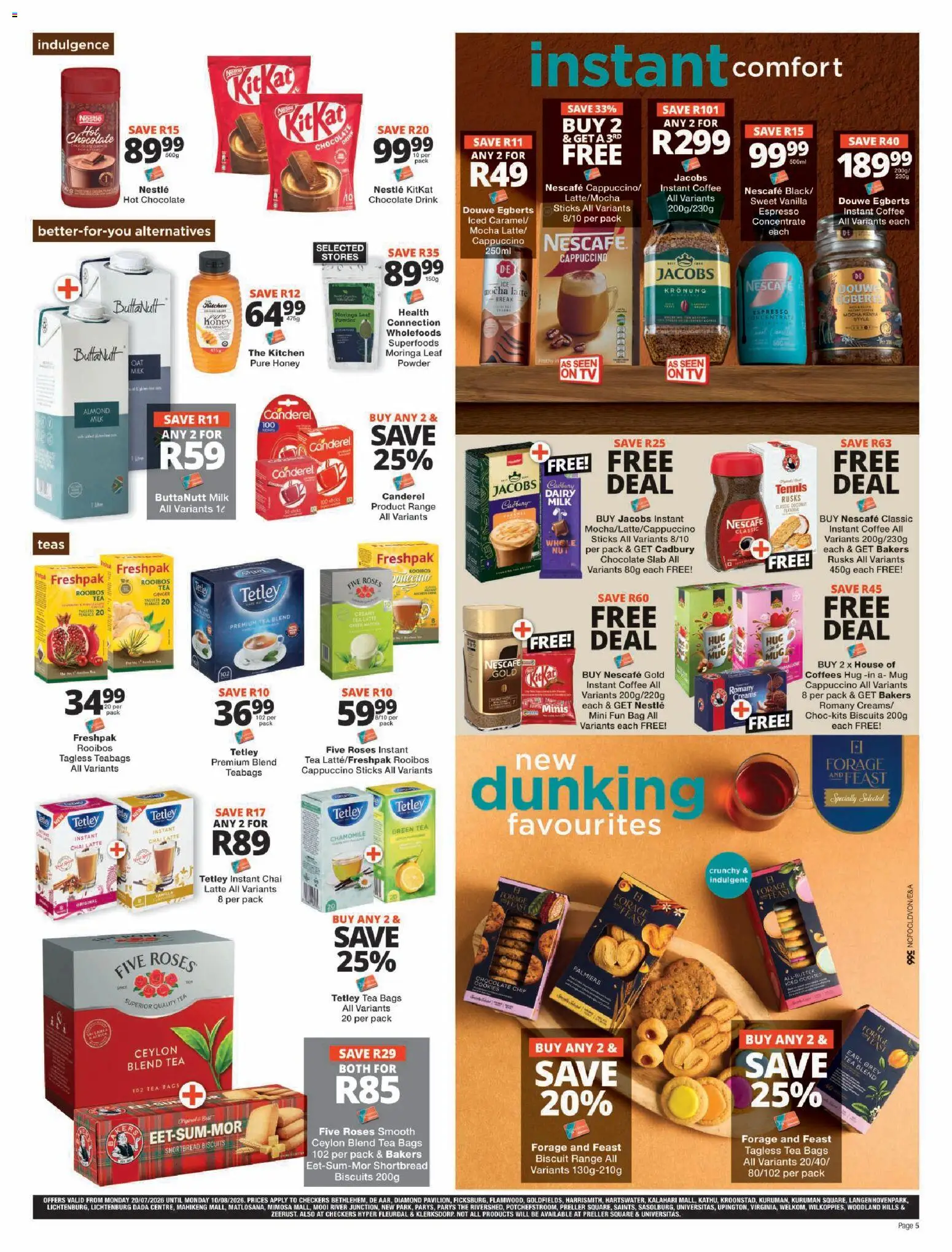 New Checkers catalogue – valid from 20/07/2026 | Page: 5 | Products: Hot chocolate, Chocolate, Rusks, Cookies
