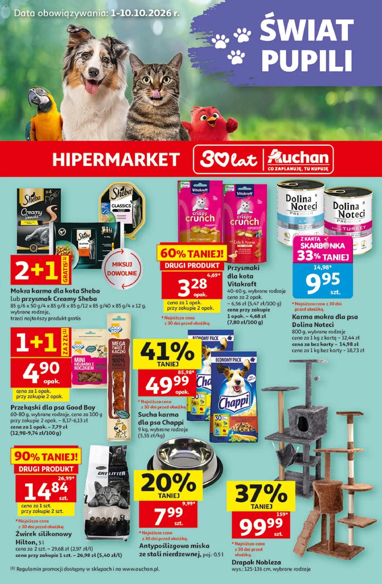Auchan gazetka - Świat Pupili Hipermarket od 01.10.2026 | Strona: 1 | Produkty: Przekąski, Żwirek silikonowy, Karma mokra, Drapak