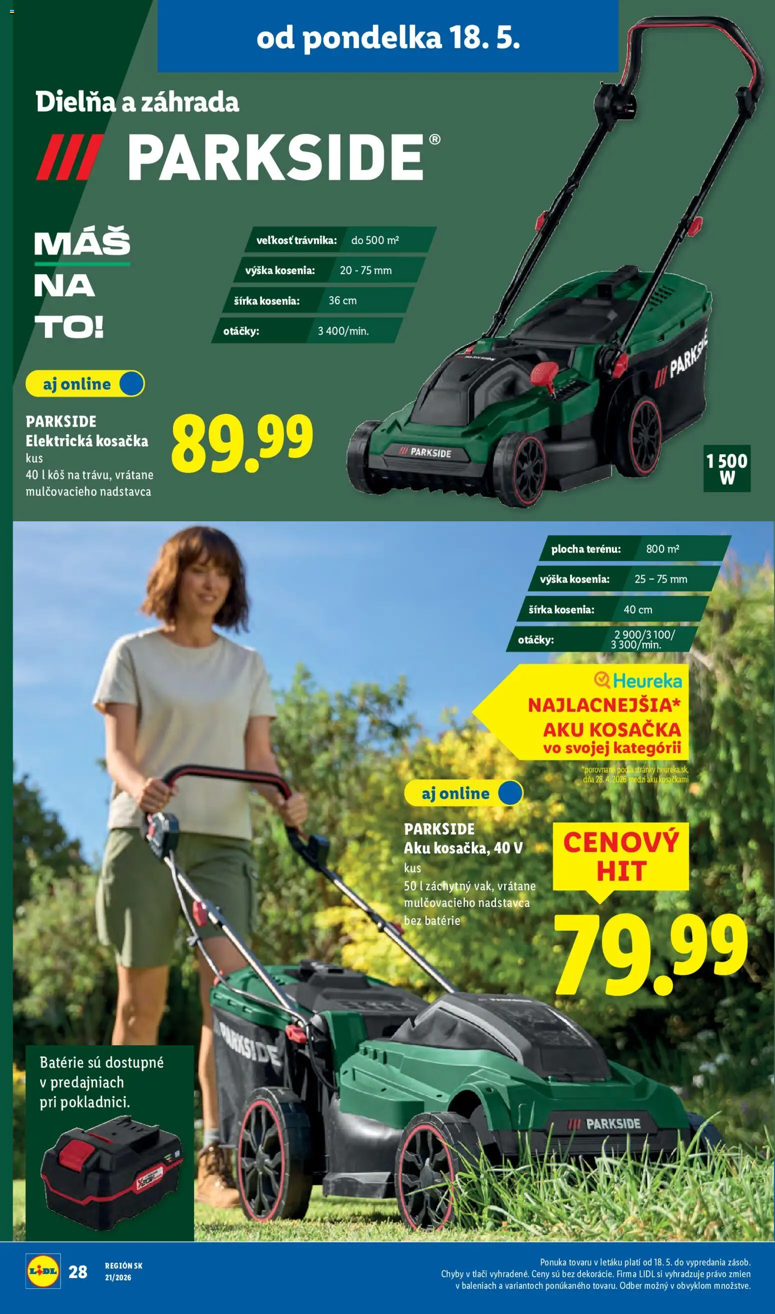 Nové Lidl akcie – leták je platný od 18.05.2026 | Strana: 36 | Produkty: Elektrická kosačka, Aku kosačka, Kosačka, Aku