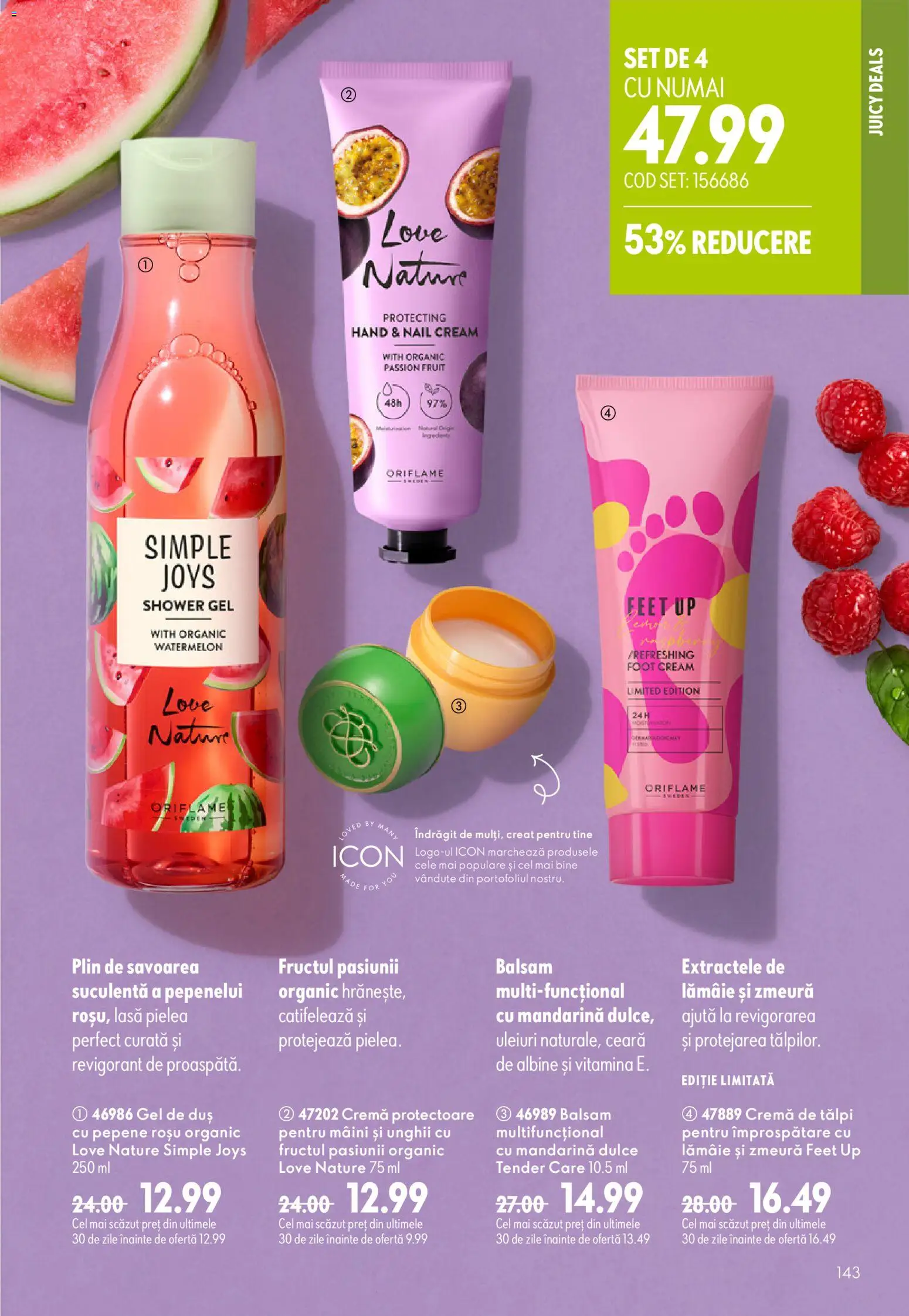 Noul catalog Oriflame – valabil de la 29.07.2026 | Pagină: 143 | Produse: Zmeură, Duș, Cremă, Gel de duș