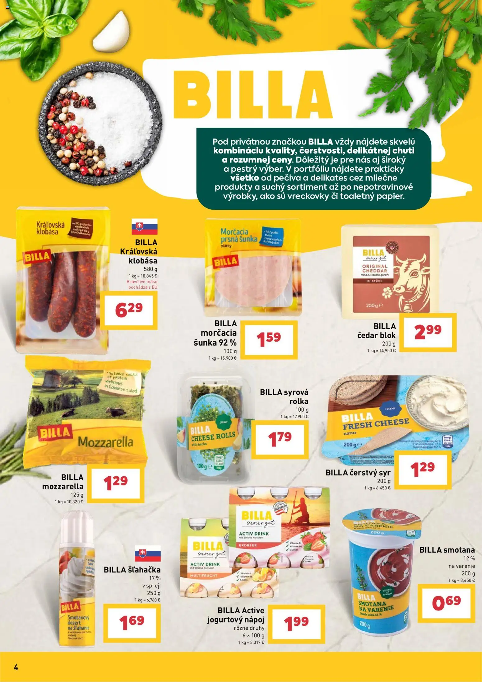 Nové Billa akcie – leták je platný od 09.09.2026 | Strana: 4 | Produkty: Smotana, Mozzarella, Vreckovky, Smotana na varenie