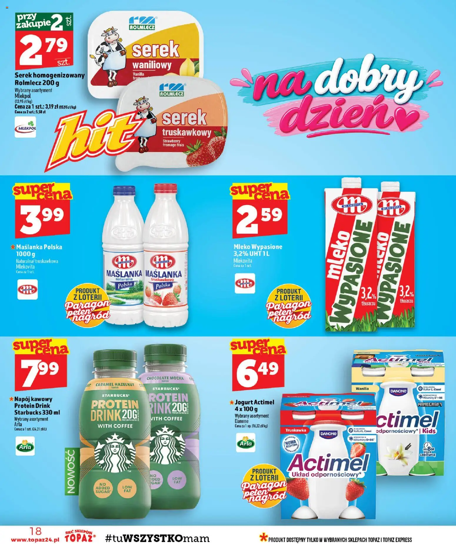 Topaz gazetka od 24.09.2026 | Strona: 18 | Produkty: Serek, Actimel, Mleko, Jogurt