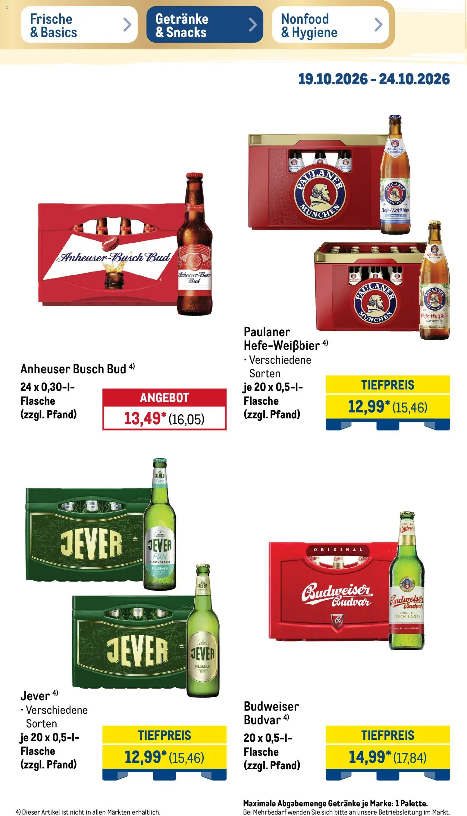 Metro NonFood-Angebote – gültig ab 19.10.2026 | Seite: 21 | Produkte: Jever, Budweiser, Paulaner