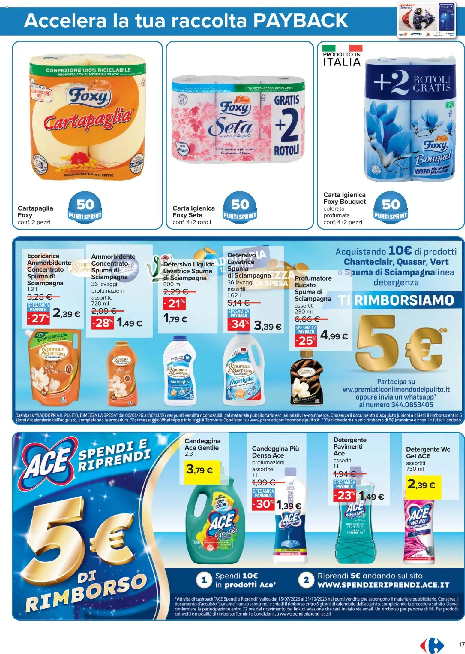 Volantino Carrefour del 06/08/2026 | Pagina: 17 | Prodotti: Carta igienica, Ammorbidente, Detergente, Candeggina