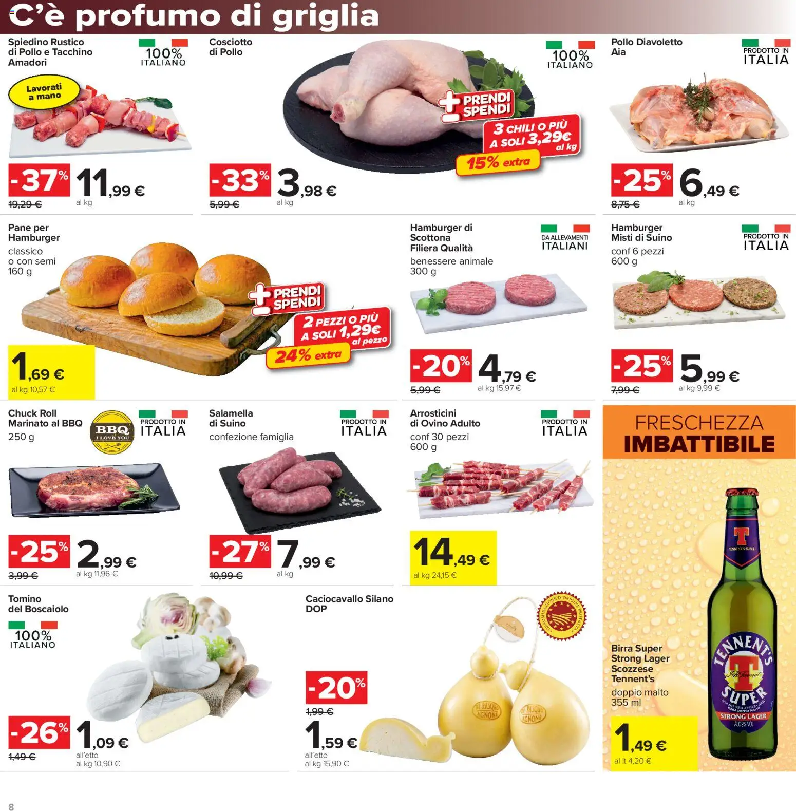 Volantino Carrefour del 06/08/2026 | Pagina: 8 | Prodotti: Salamella, Birra, Hamburger, Ovino