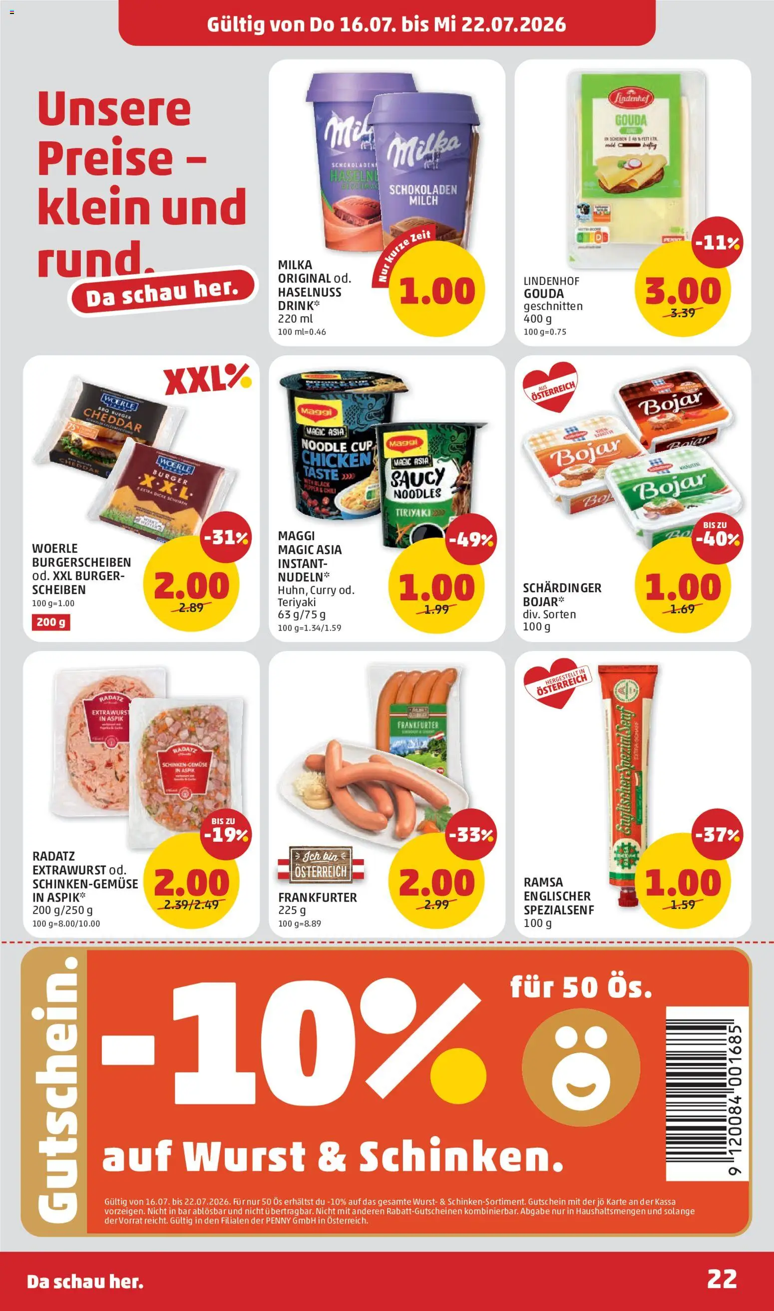 Penny Markt Flugblatt gültig ab 16.07.2026 | Seite: 22 | Produkte: Burger, Chili, Milch, Schinken