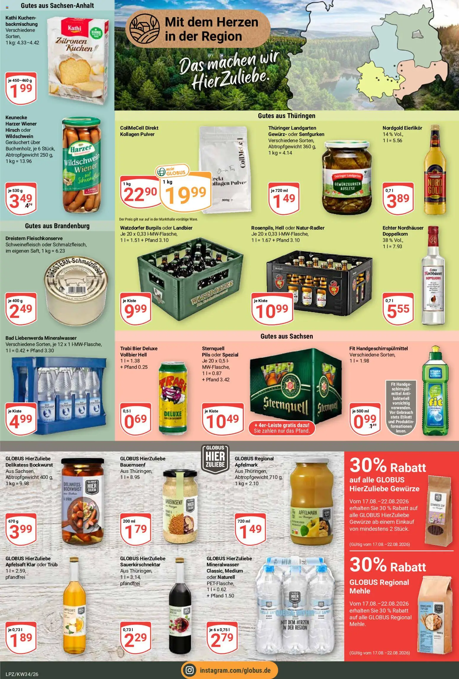 Globus Prospekt Leipzig – gültig ab 17.08.2026 | Seite: 18 | Produkte: Apfelsaft, Mineralwasser, Gewürze, Kuchen