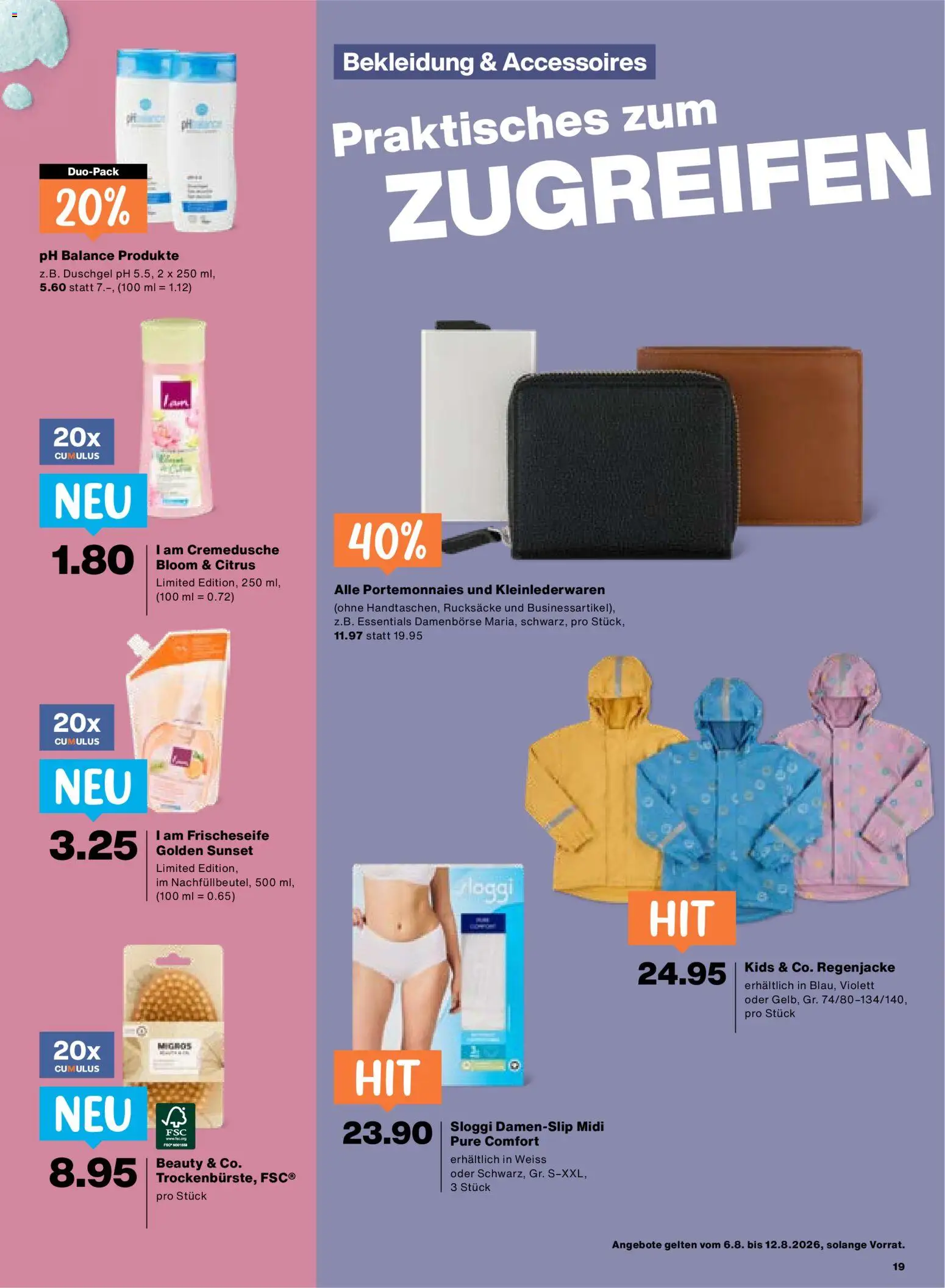 Migros aktionen – gültig ab 06.08.2026 | Seite: 19 | Produkte: Bekleidung, Duschgel, Shower Gel, Regenjacke