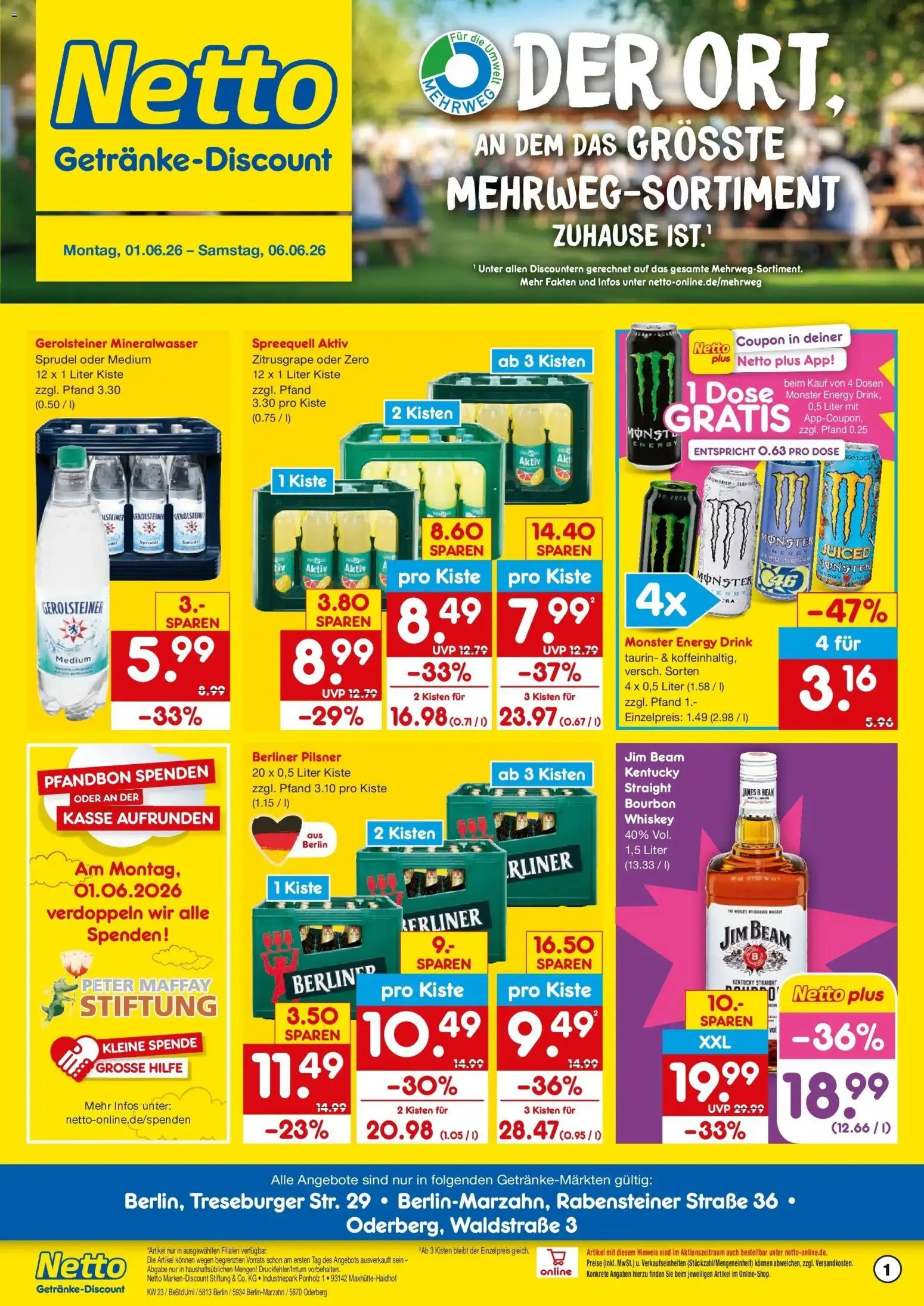 Netto Marken-Discount Prospekt Berlin – gültig ab 01.06.2026 | Seite: 1 | Produkte: Energy, Mineralwasser, Monster, Bourbon