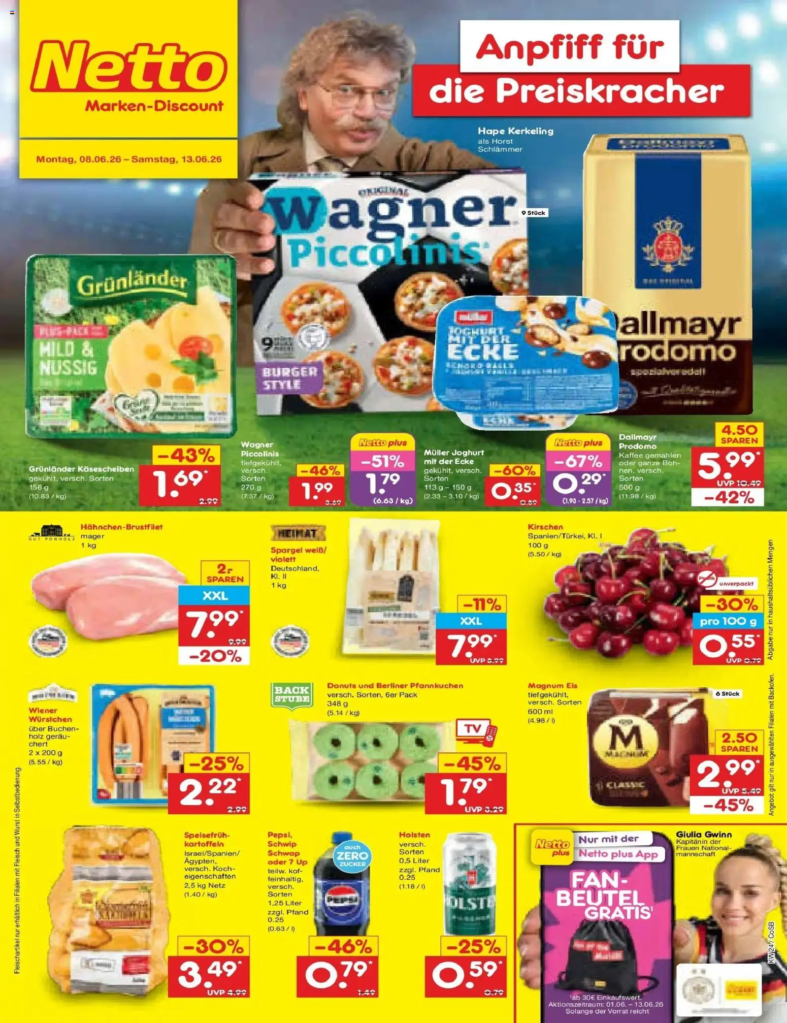 Netto Marken-Discount Prospekt Bitterfeld-Wolfen – gültig ab 08.06.2026 | Seite: 1 | Produkte: Burger, Pfannkuchen, Wurst, Piccolinis