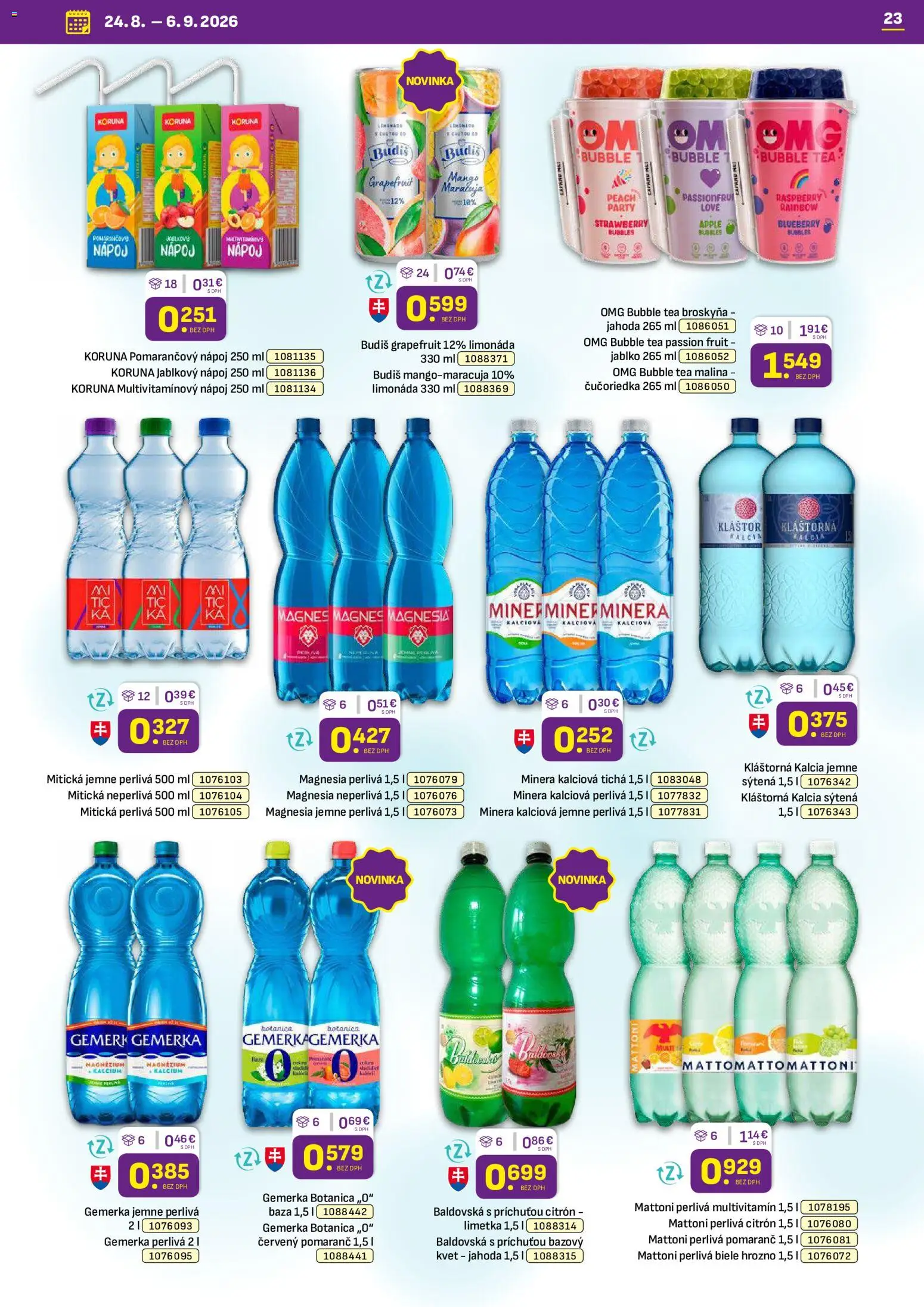 Nové Libex akcie – leták je platný od 24.08.2026 | Strana: 23 | Produkty: Limetka, Mattoni, Grapefruit, Baldovská