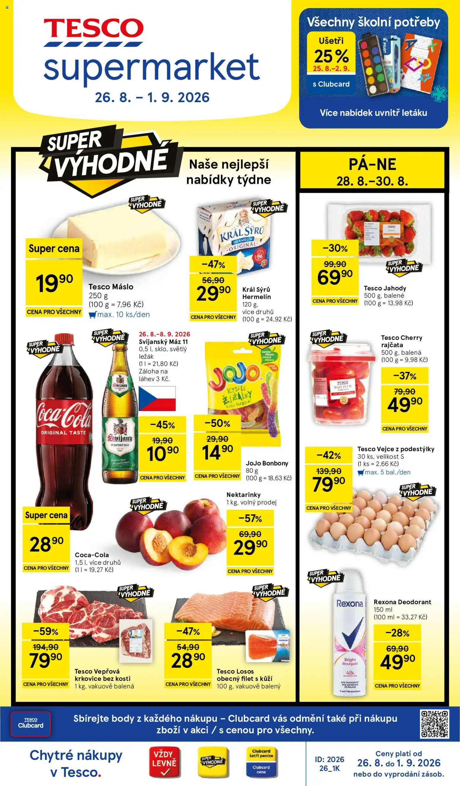 Tesco leták - Supermarket od 26.08.2026 | Strana: 1 | Produkty: JOJO bonbóny, Jahody, Svijany, Cola