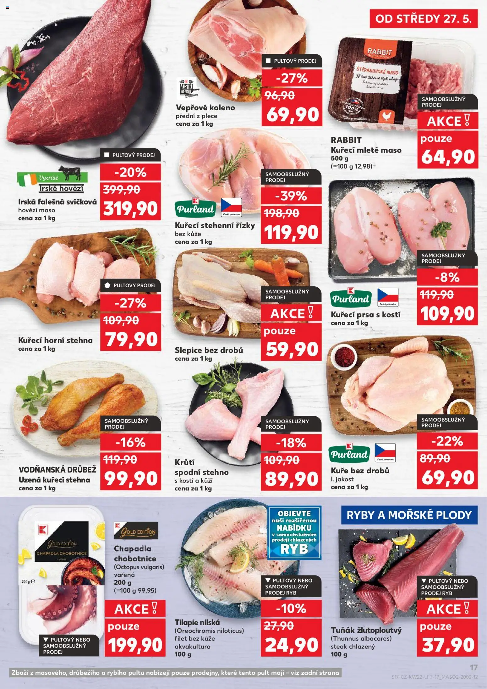 Kaufland leták - Plzeň Bory od 27.05.2026 | Strana: 17 | Produkty: Kuřecí prsa, Kuřecí stehenní řízky, Irské hovězí, Kuřecí stehna