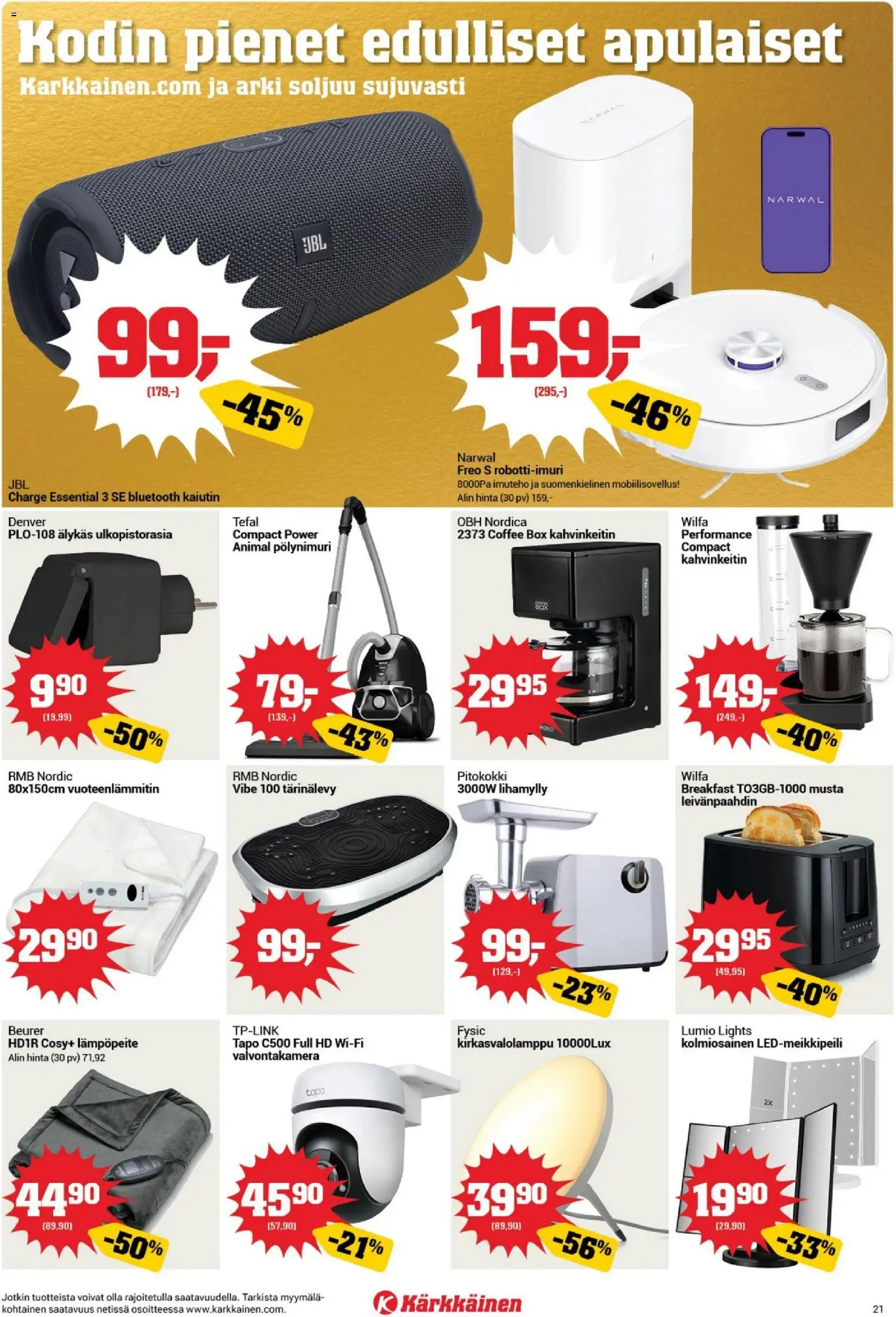 Kärkkäinen tarjoukset – voimassa 13/10/2026 alkaen | Sivu: 21 | Tuotteet: Kaiutin, Valvontakamera, Leivänpaahdin, Kirkasvalolamppu