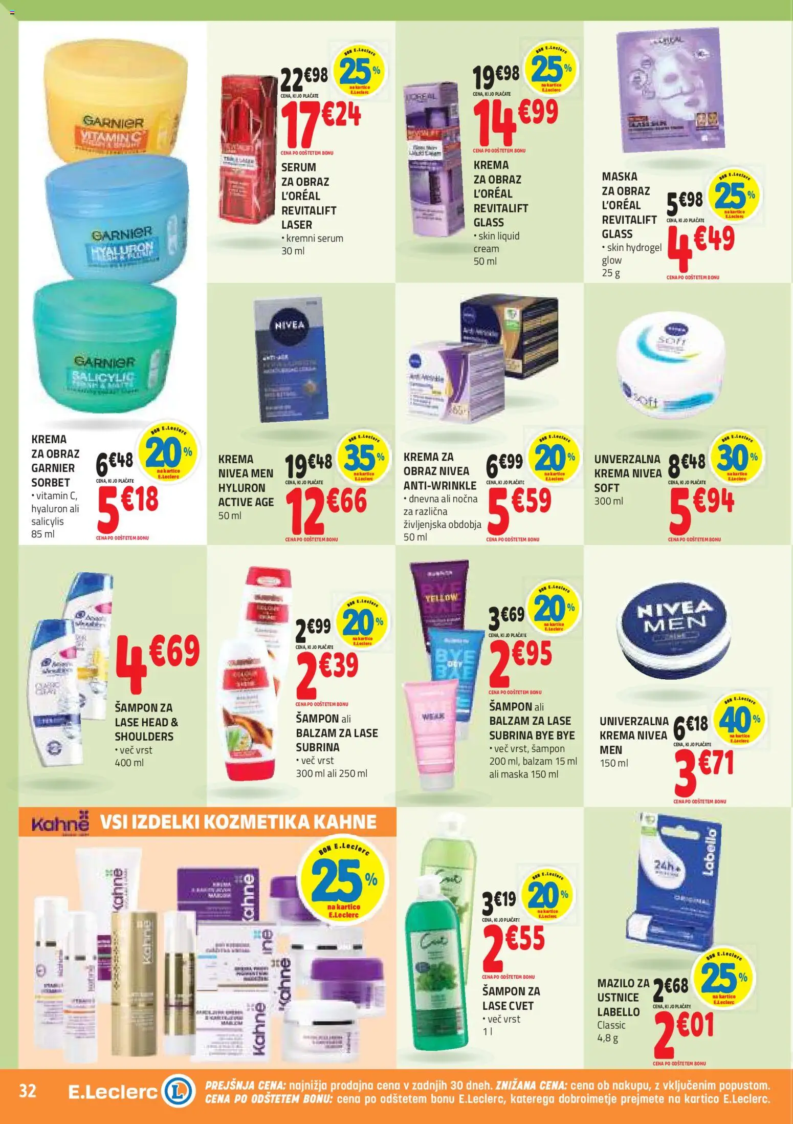 Novi E.leclerc katalog ponudbe – veljaven od 15.04.2026 | Stran: 32 | Izdelki: Sampon, Balzam za lase, Maska, Krema za obraz