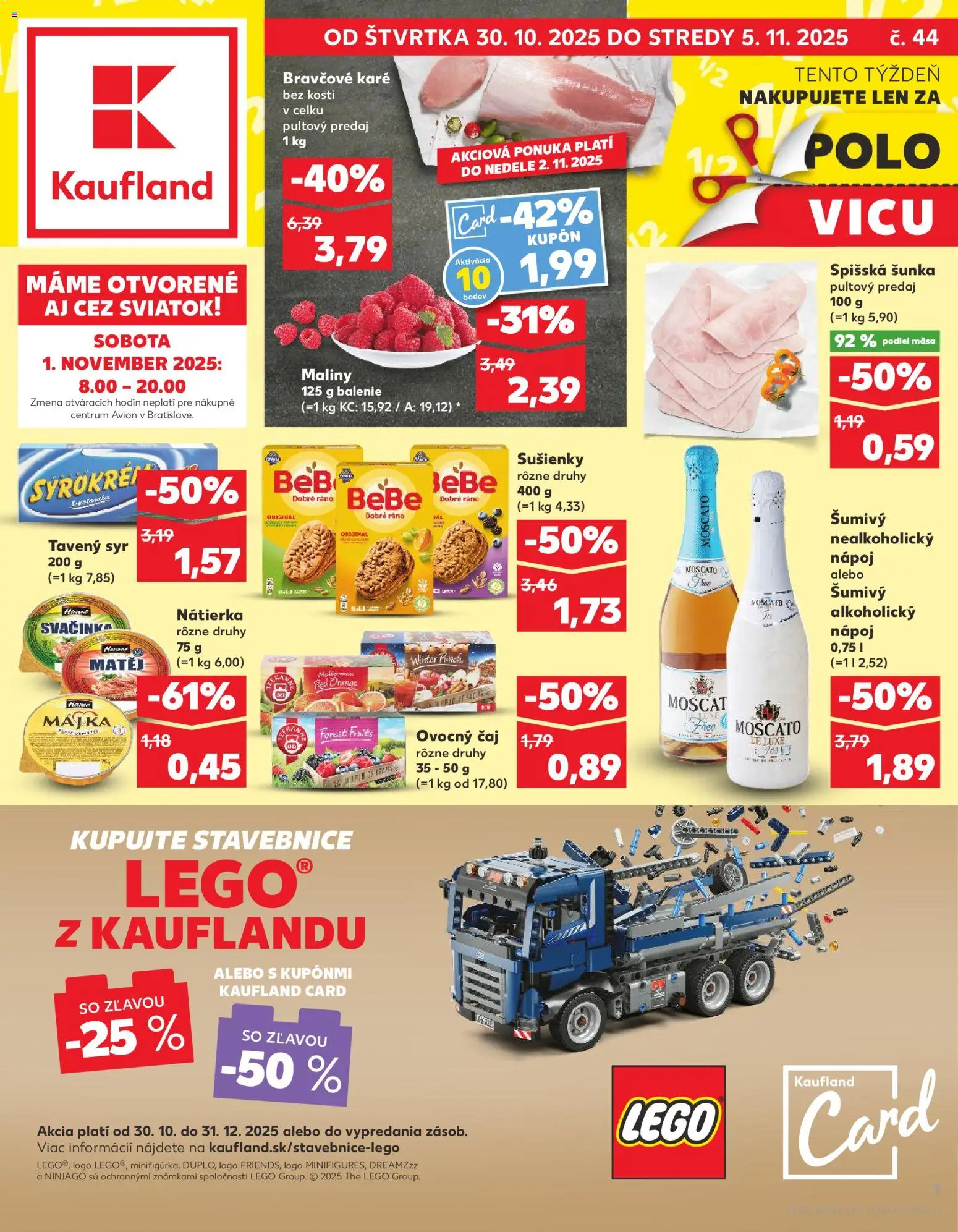 Nové Kaufland akcie – leták je platný od 30.10.2025 | Strana: 1 | Produkty: Syr, Nátierka, LEGO, Maliny