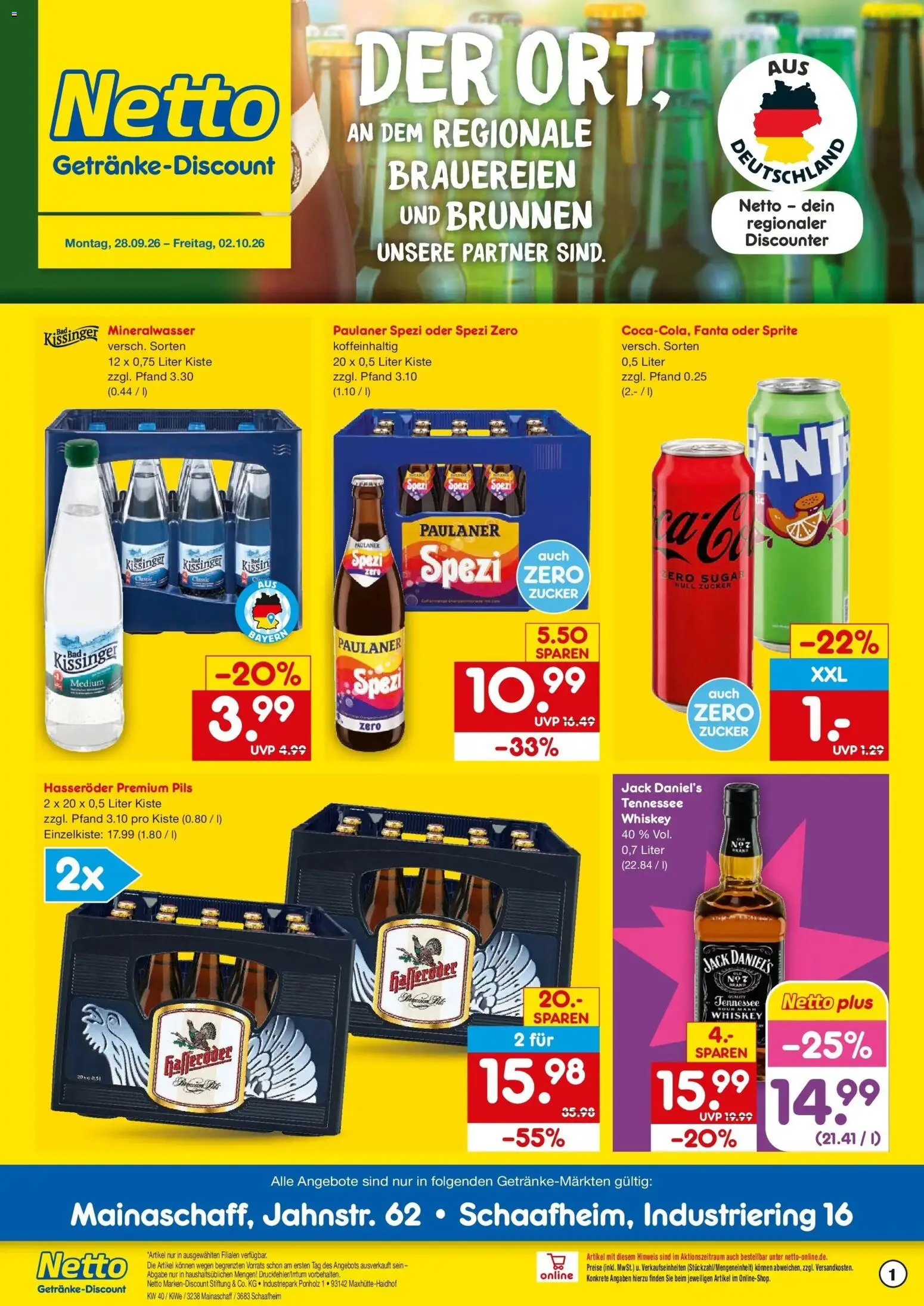 Netto Marken-Discount Prospekt Mainaschaff (ab 28.09.2026) » Angebote | Seite: 1 | Produkte: Sprite, Pils, Mineralwasser, Paulaner
