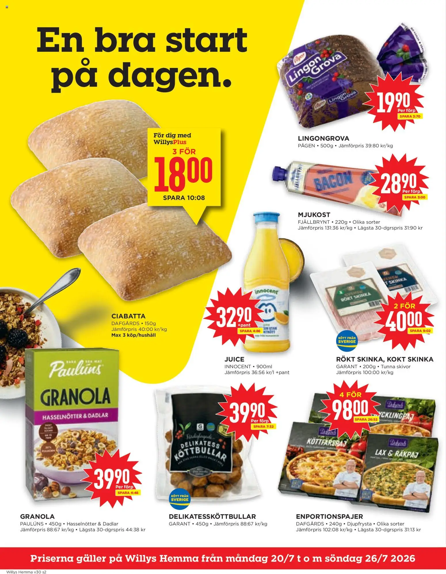 Willys reklamblad aktuell från 20/07/2026 | Sida: 2 | Produkter: Bacon, Lingongrova, Galler, Mjukost