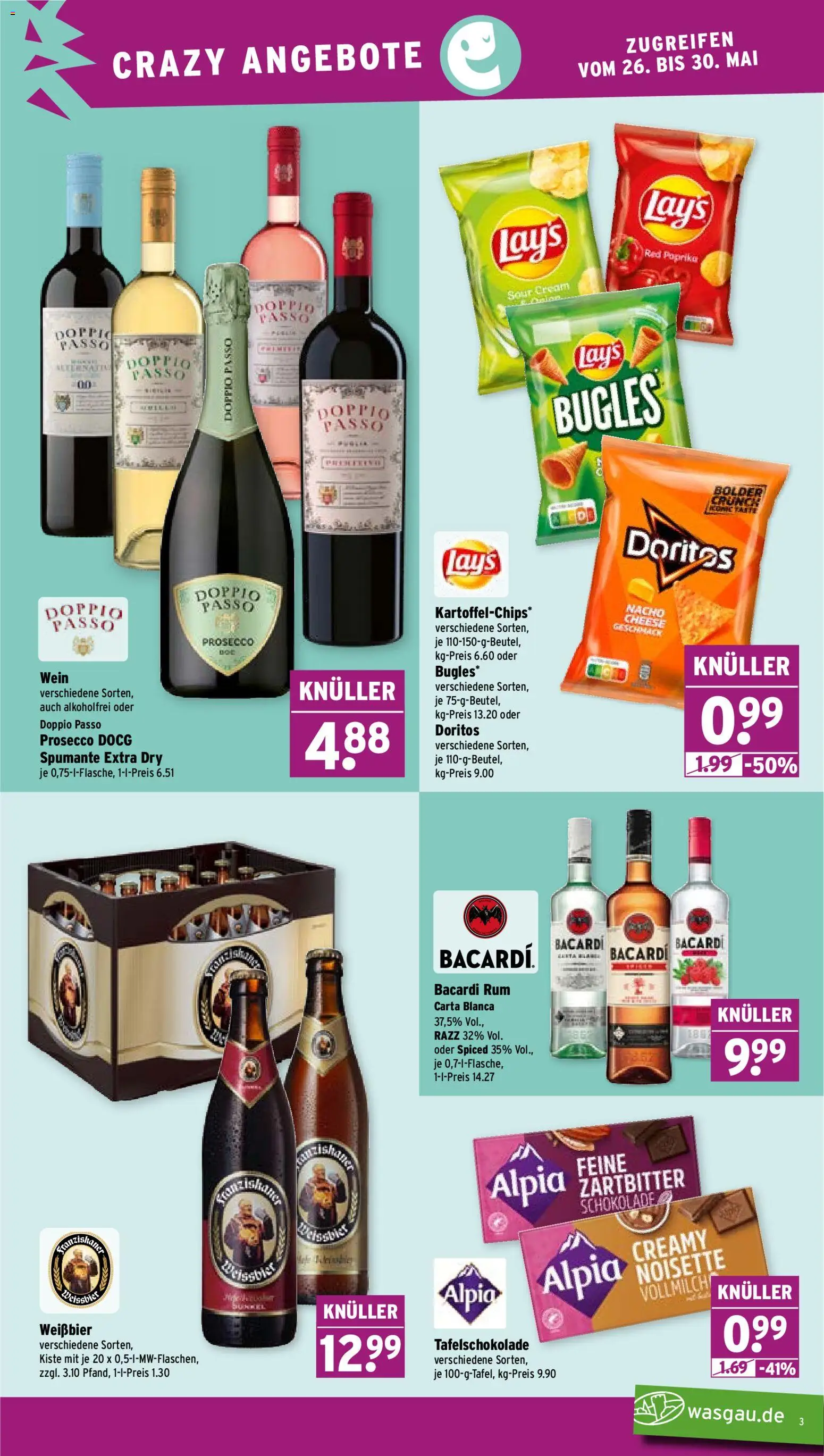 Wasgau Prospekt – gültig ab 26.05.2026 | Seite: 3 | Produkte: Bacardi, Schokolade, Paprika, Wein