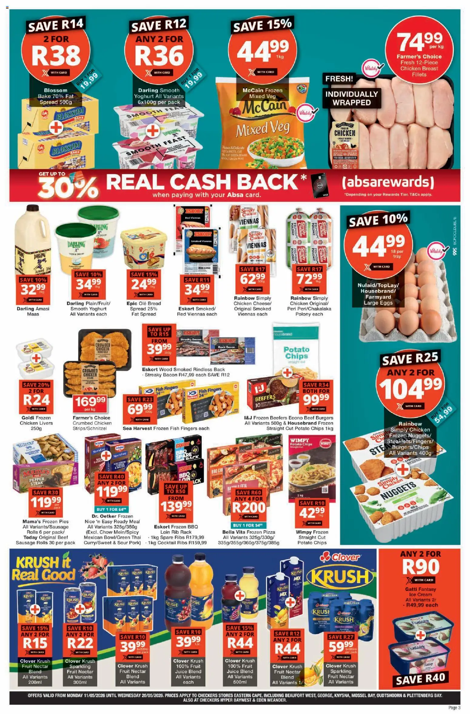 New Checkers catalogue – valid from 11.05.2026 | Page: 3 | Products: Yoghurt, Pork, Chips, Fat spread