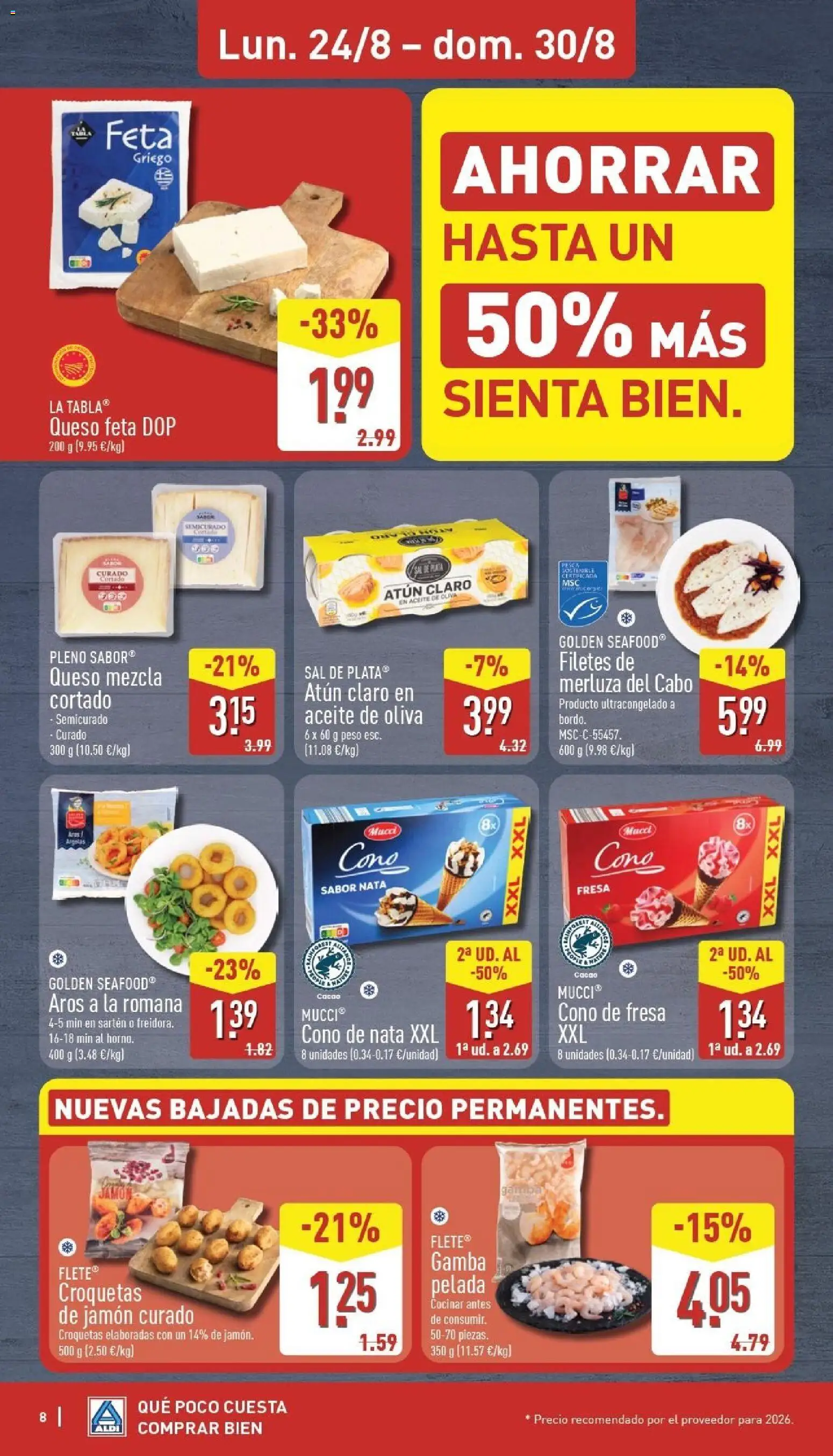 Aldi folleto Canarias │ válido desde el 24/08/2026 | Página: 8 | Productos: Atún, Queso Feta, Aceite de oliva, Atún claro