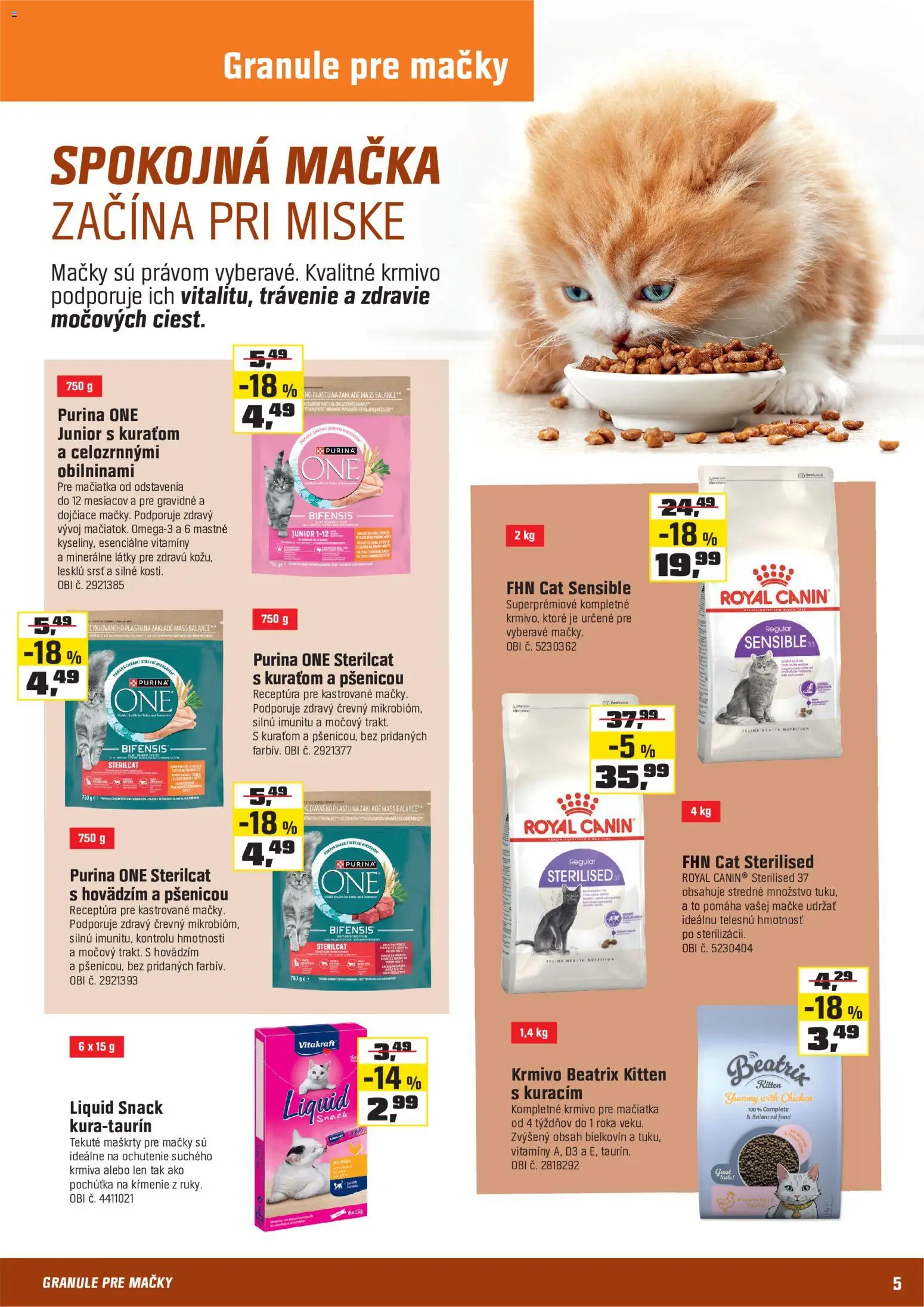 Nové OBI akcie – leták je platný od 15.09.2026 | Strana: 5 | Produkty: Granule pre mačky, Granule