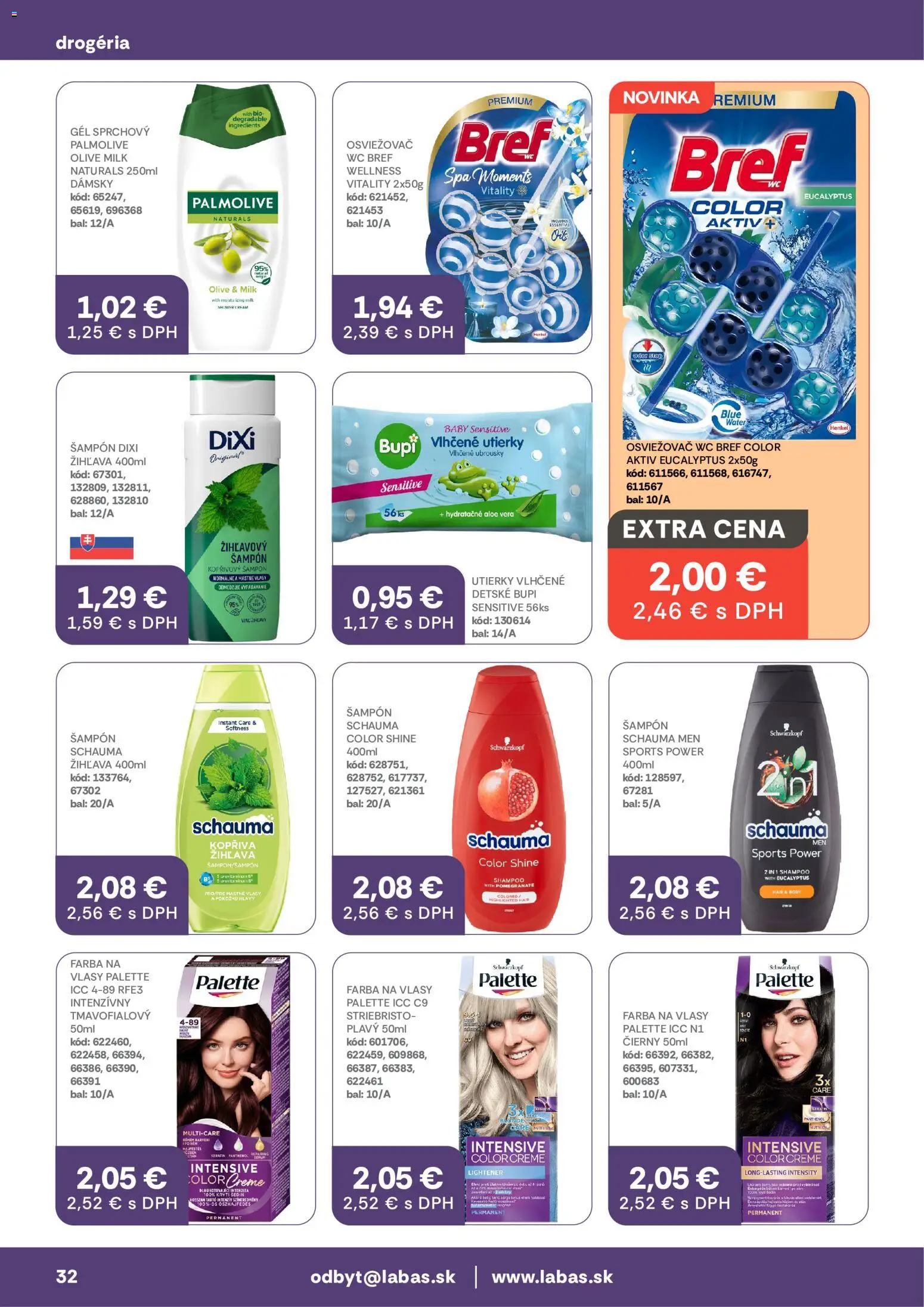 Nové Labaš akcie – leták je platný od 25.08.2026 | Strana: 32 | Produkty: Aloe Vera, Wc, Farba na vlasy, Utierky