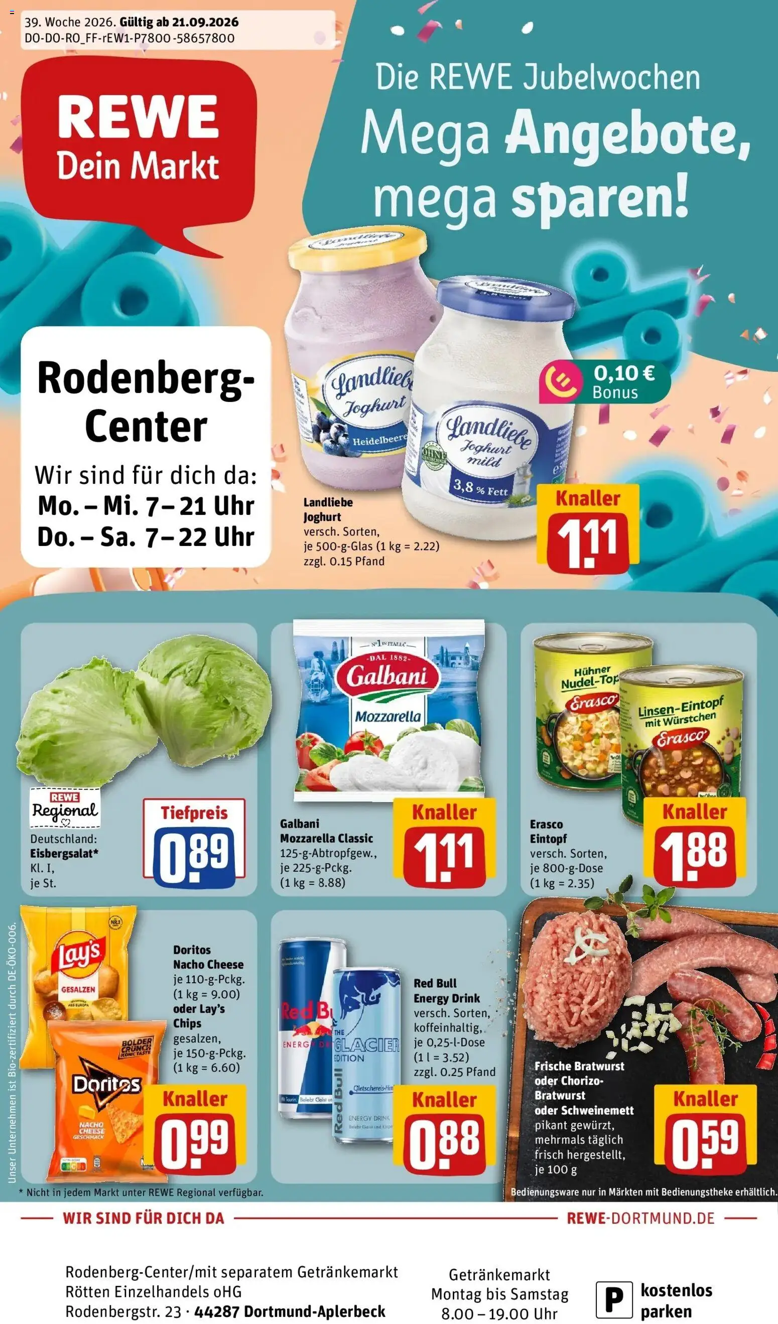 REWE Prospekt ab 21.09.2026 zum Blättern » Angebote | Seite: 3 | Produkte: Red bull, Mozzarella, Chips, Uhr