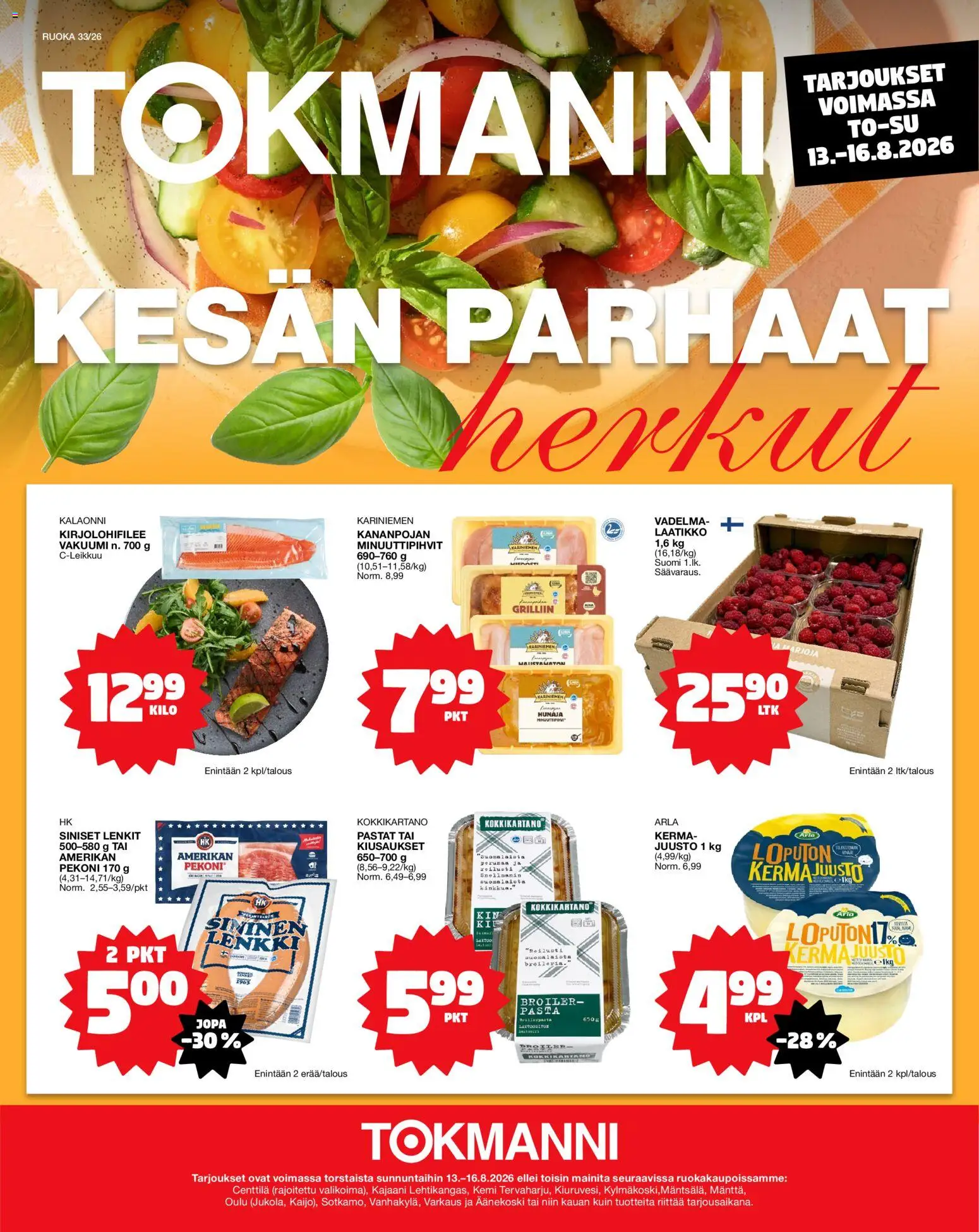 Tokmanni ruokatarjoukset – voimassa 13/08/2026 alkaen | Sivu: 1 | Tuotteet: Vadelma, Pekoni, Juusto, Pasta