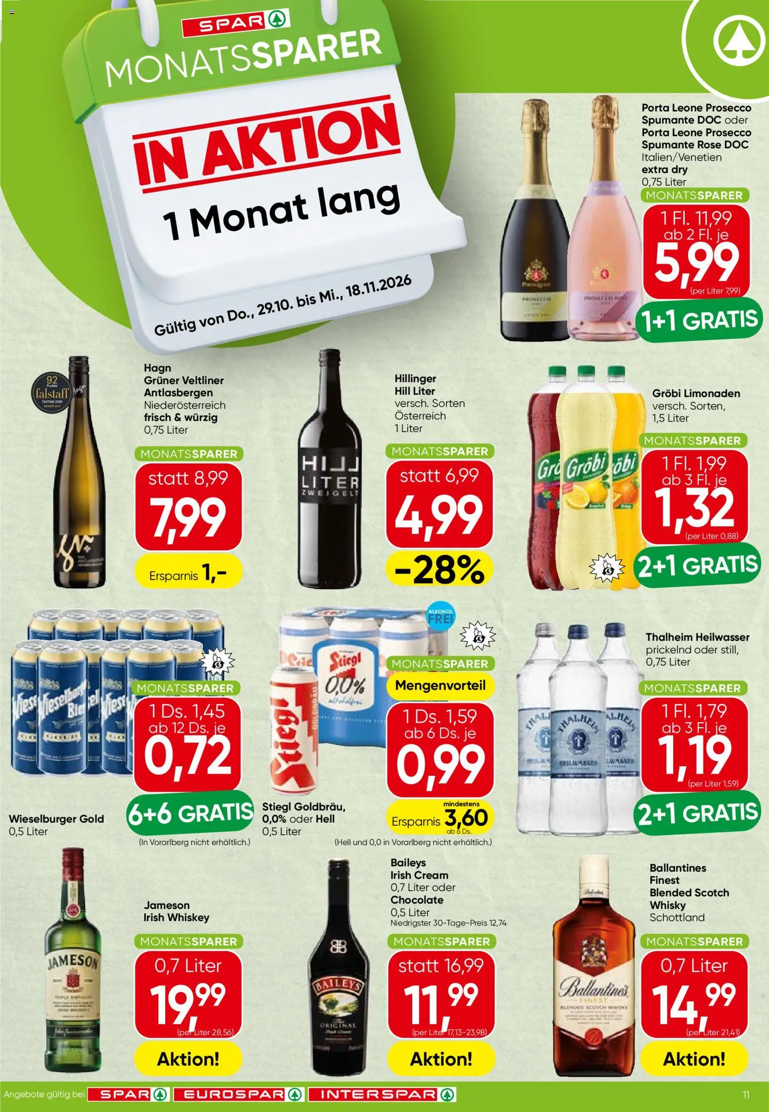Spar Broschüre gültig ab 29.10.2026 | Seite: 11 | Produkte: Whiskey, Ballantines, Prosecco