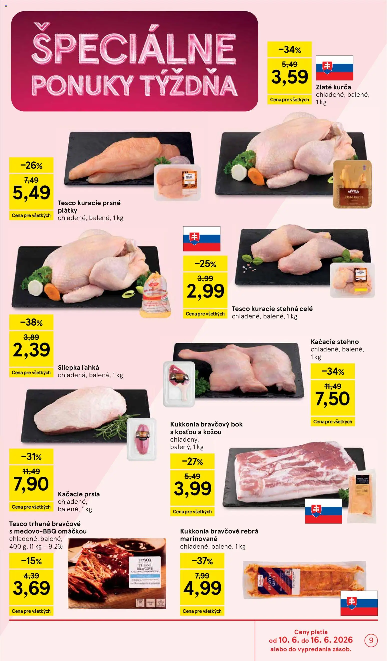 Nové Tesco akcie – leták je platný od 10.06.2026 | Strana: 9 | Produkty: Kačacie prsia, Kuracie stehná, Kurča