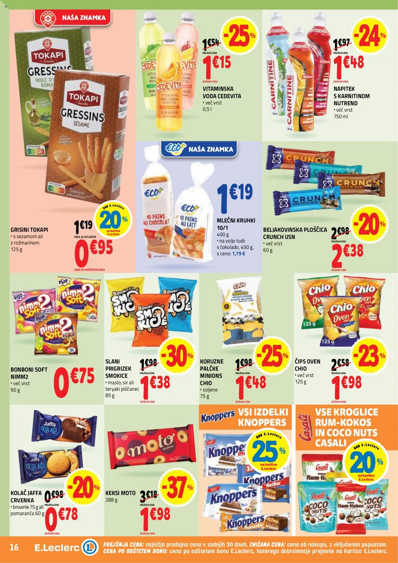 Novi E.leclerc katalog ponudbe – veljaven od 19.08.2026 | Stran: 16 | Izdelki: Grisini, Bonboni, Cips, Voda