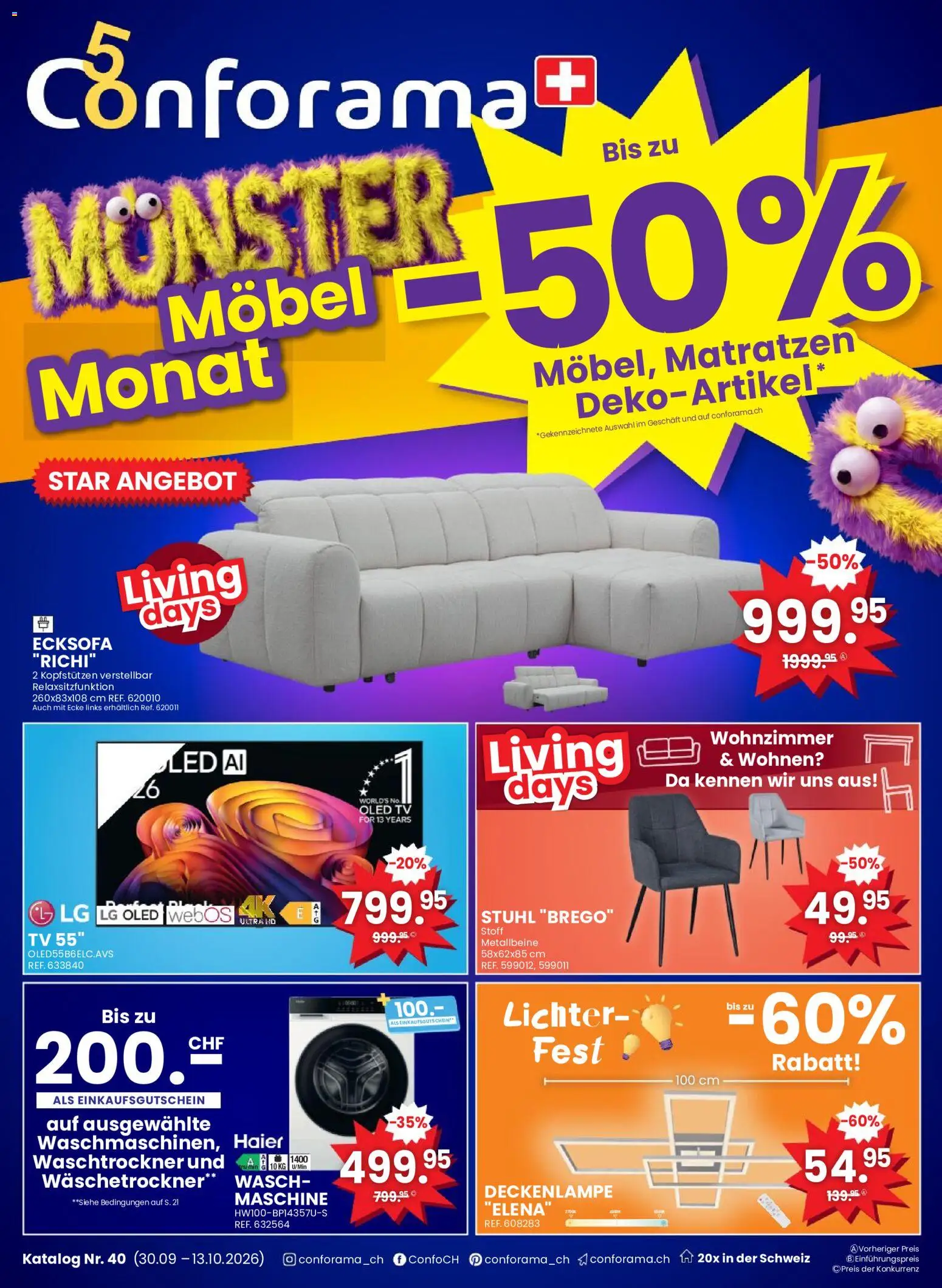 Conforama aktionen – gültig ab 30.09.2026 | Seite: 1 | Produkte: Stuhl, Waschtrockner, TV, Ecksofa