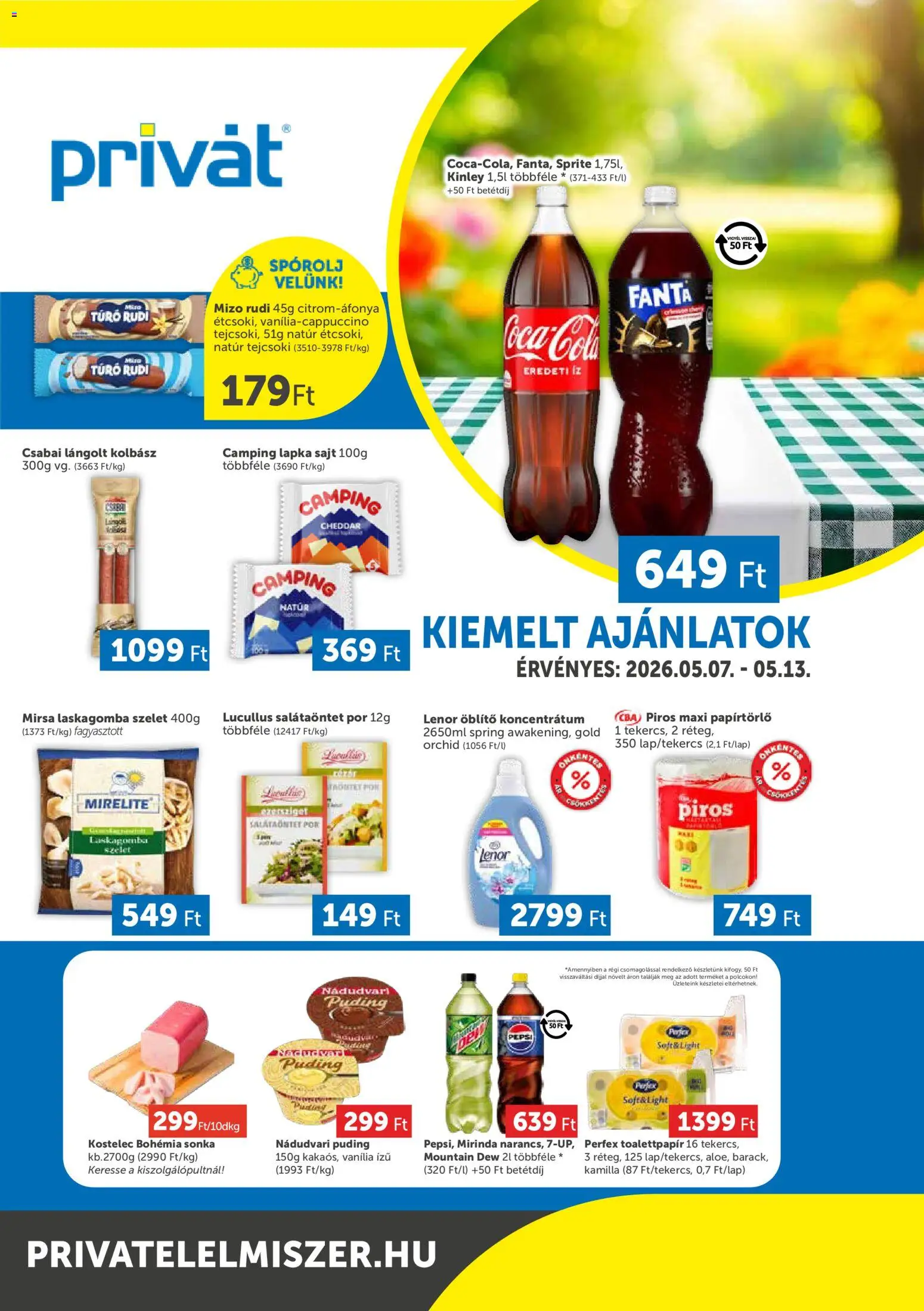 PRIVÁT akciós ujság - amely érvényes a következő dátumtól: 07.05.2026 | Oldal: 1 | Termékek: Puding, Fanta, Öblítő, Laskagomba