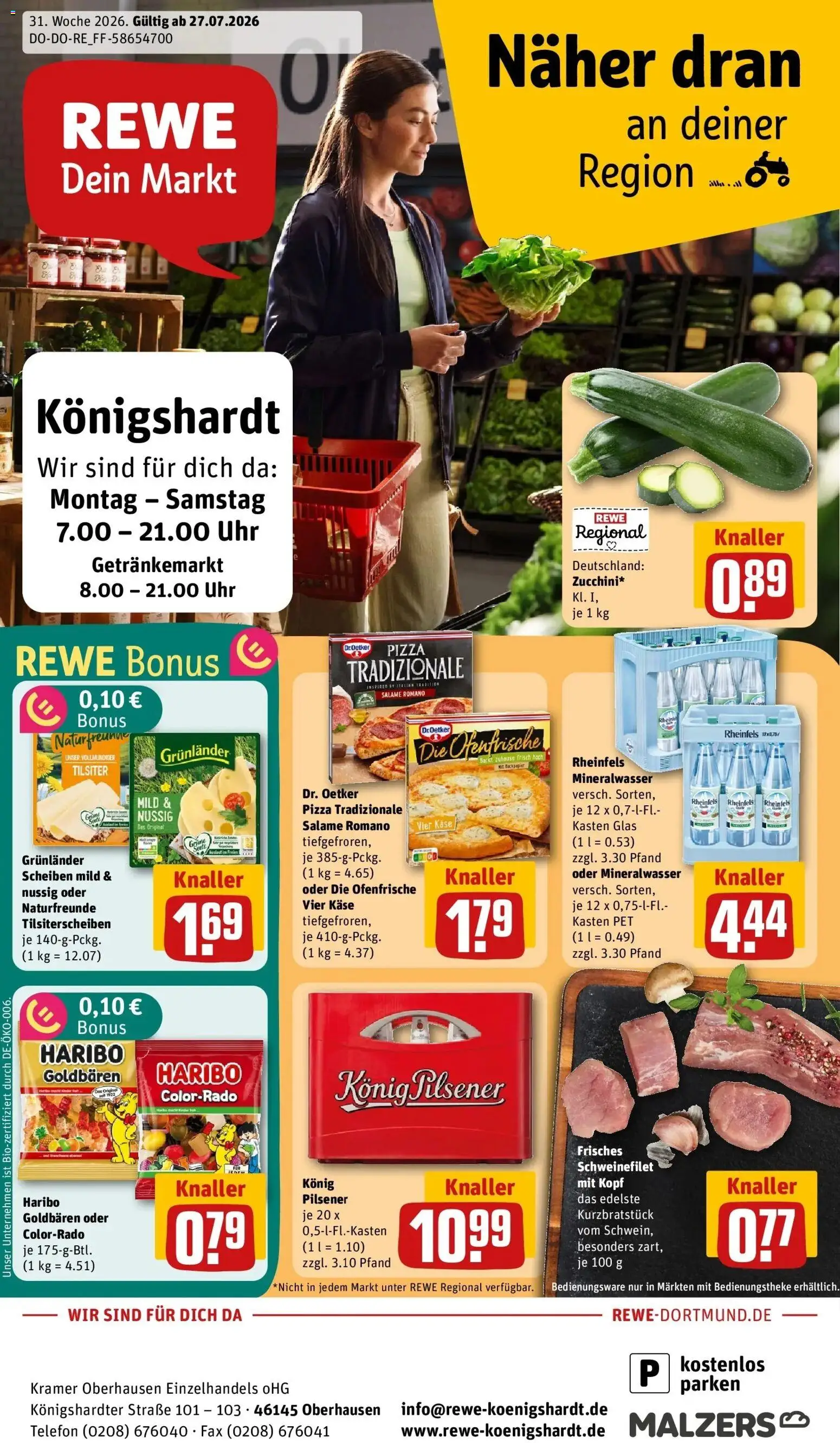 Rewe Prospekt Oberhausen – gültig ab 27.07.2026 | Seite: 1 | Produkte: Haribo, Käse, Telefon, Uhr