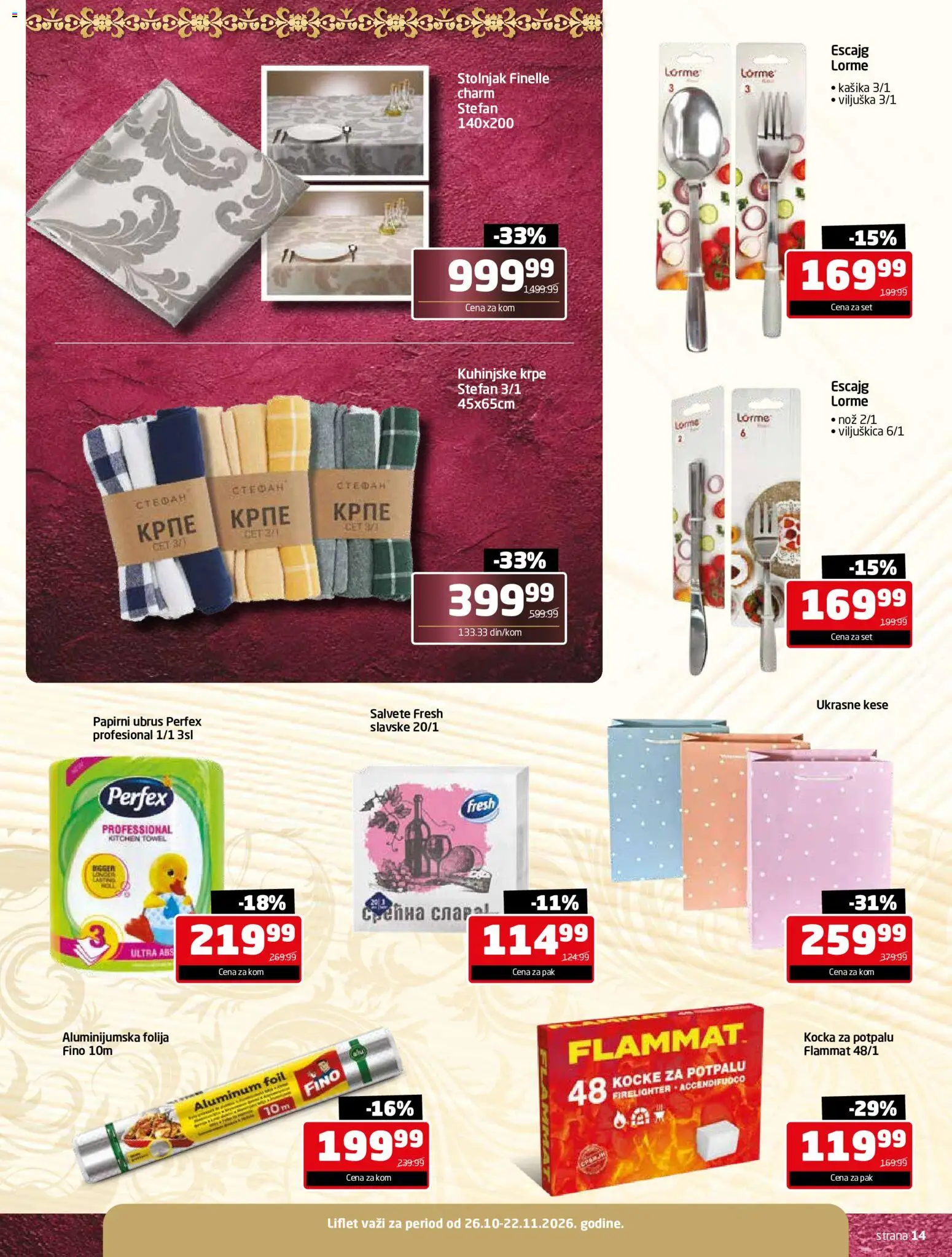 Gomex katalog - važi od 26.10.2026 | Strana: 14 | Proizvode: Aluminijumska folija, Kuhinjske krpe, Ubrus, Stolnjak