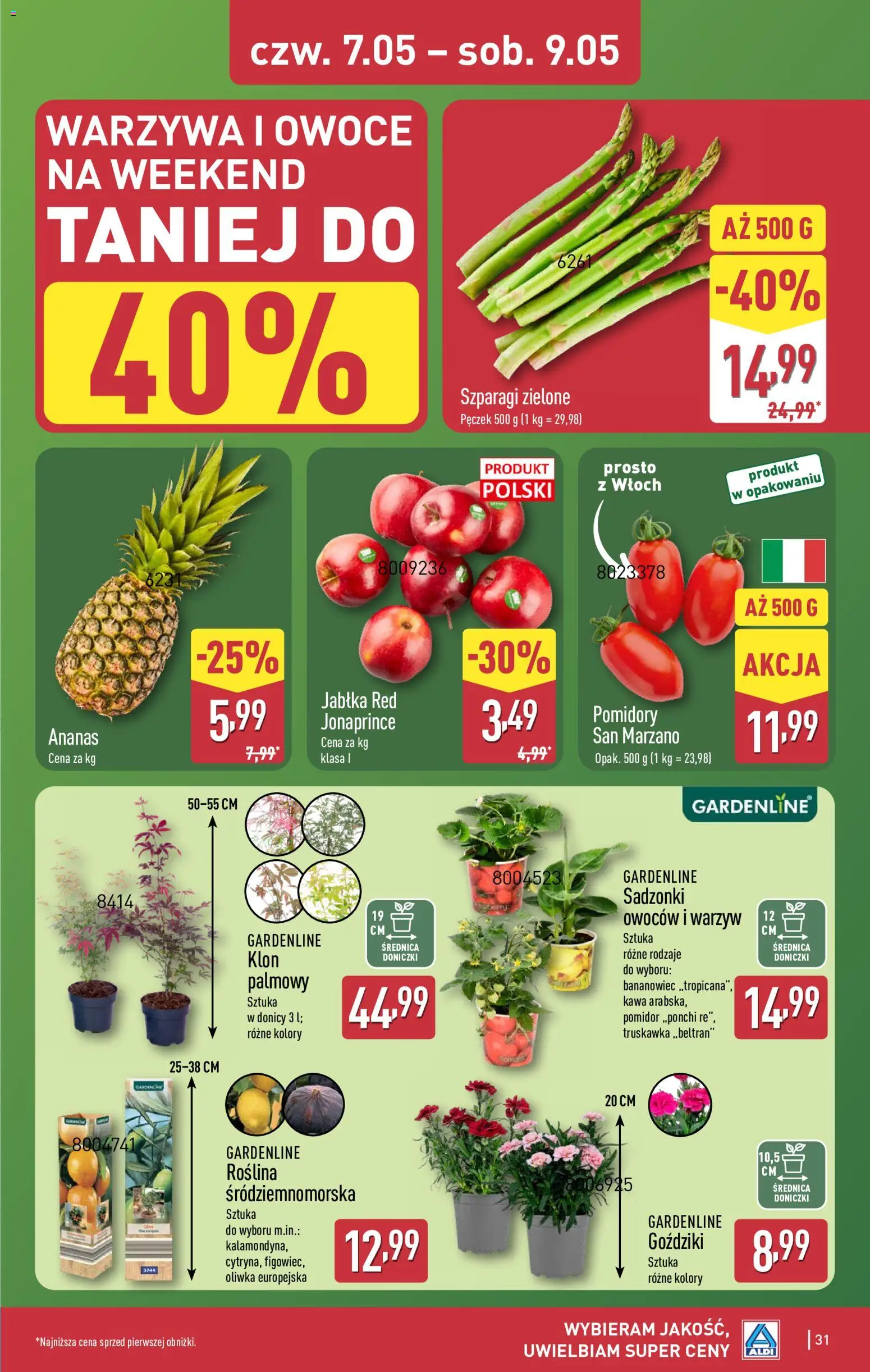 Aldi gazetka od 04.05.2026 | Strona: 31 | Produkty: Goździki, Szparagi, Jabłka, Owoce