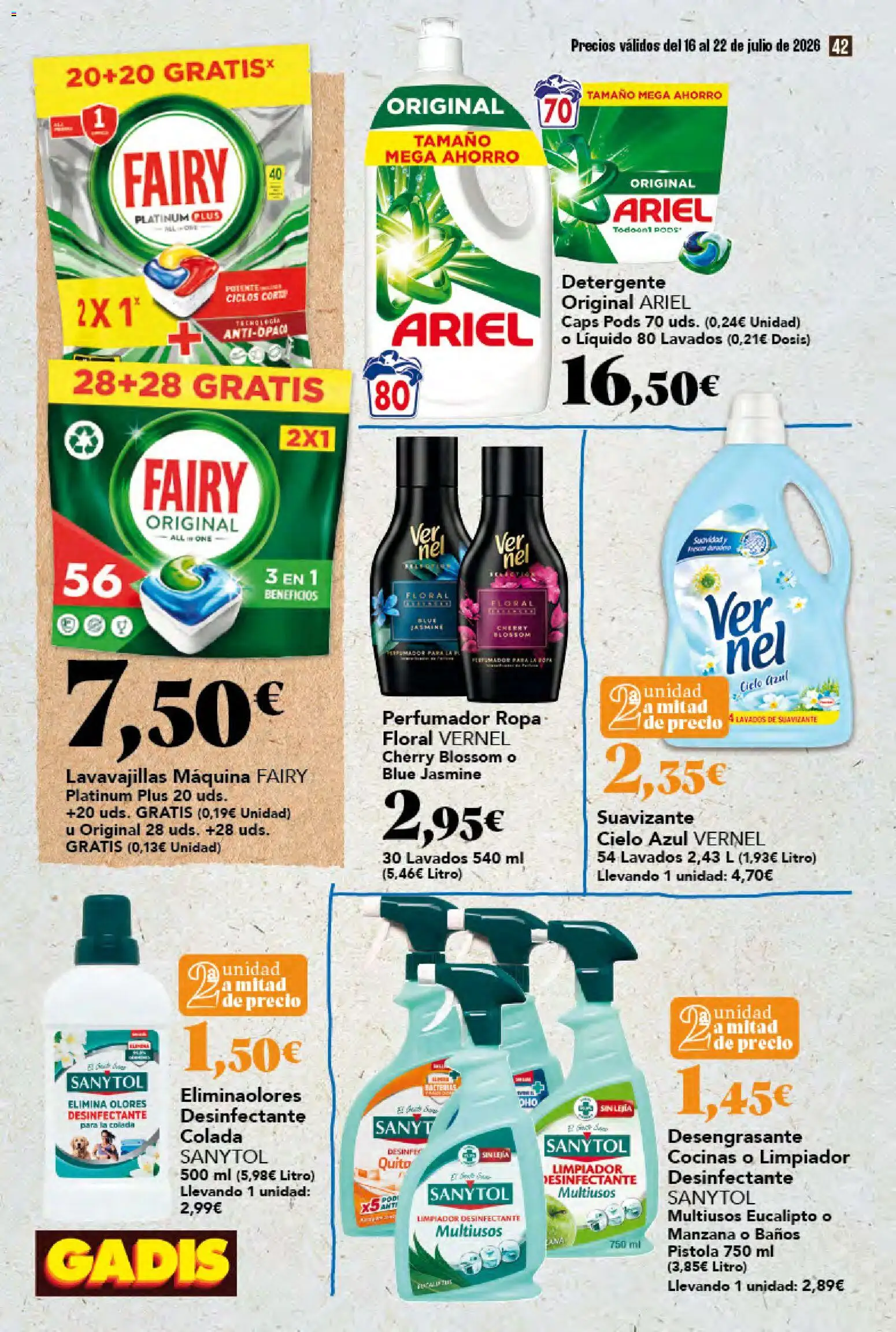 Gadis folleto │ válido desde el 16/07/2026 | Página: 42 | Productos: Detergente, Ropa, Suavizante, Lavavajillas