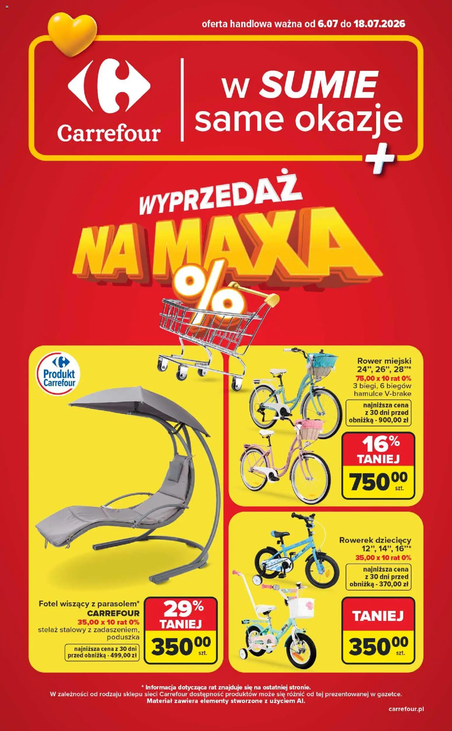 Carrefour gazetka - Wyprzedaż na maxa od 06.07.2026 | Strona: 1 | Produkty: Rower, Poduszka, Fotel