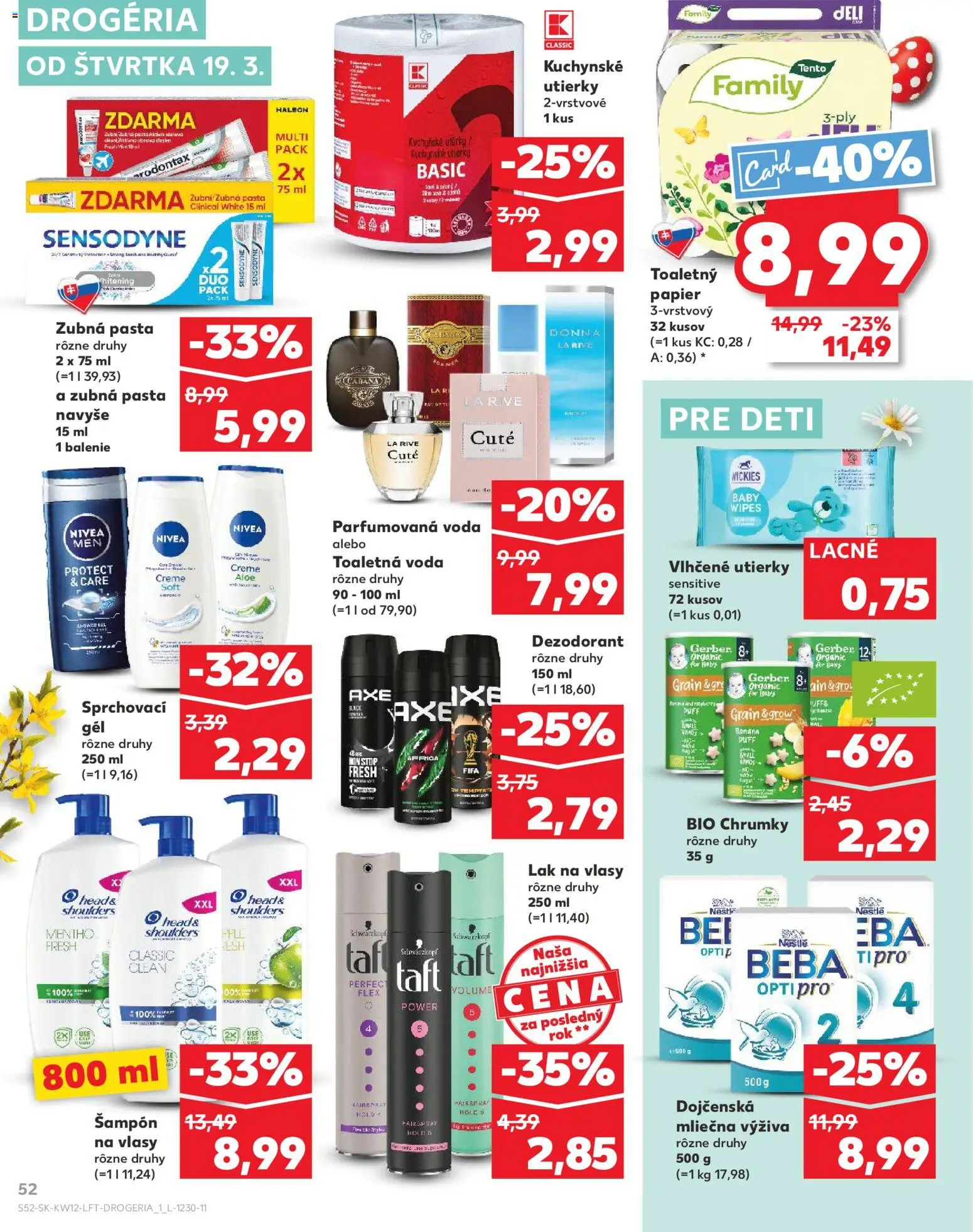 Nové Kaufland akcie – leták je platný od 19.03.2026 | Strana: 52 | Produkty: Šampón, Toaletný papier, Lak na vlasy, Zubná pasta